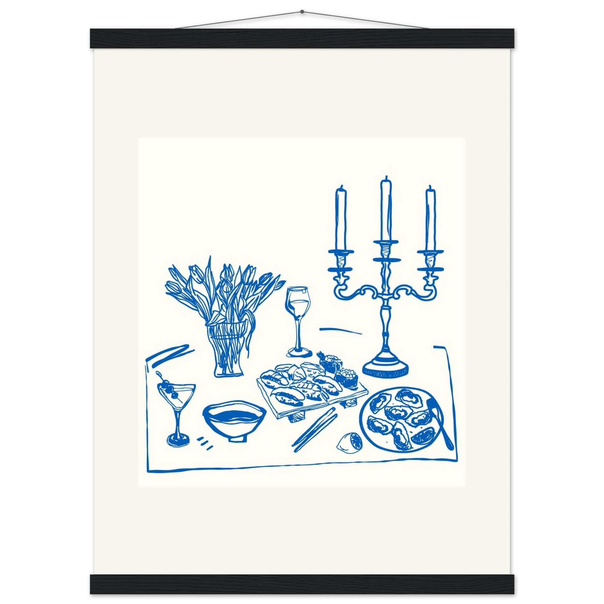 Fine Dining Table Print | Blue Line Art Kitchen Wall Art | Elegant Dining Room Poster - Evergreen Posters