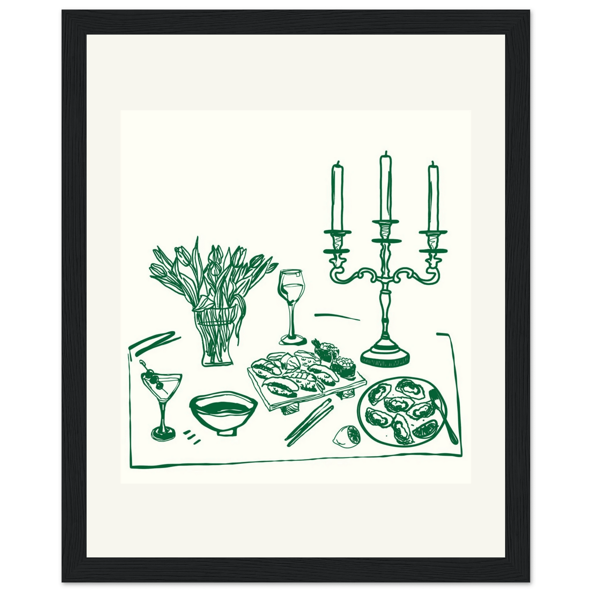 Fine Dining Table Print | Green Line Art Kitchen Wall Art | Elegant Dining Room Poster - Evergreen Posters