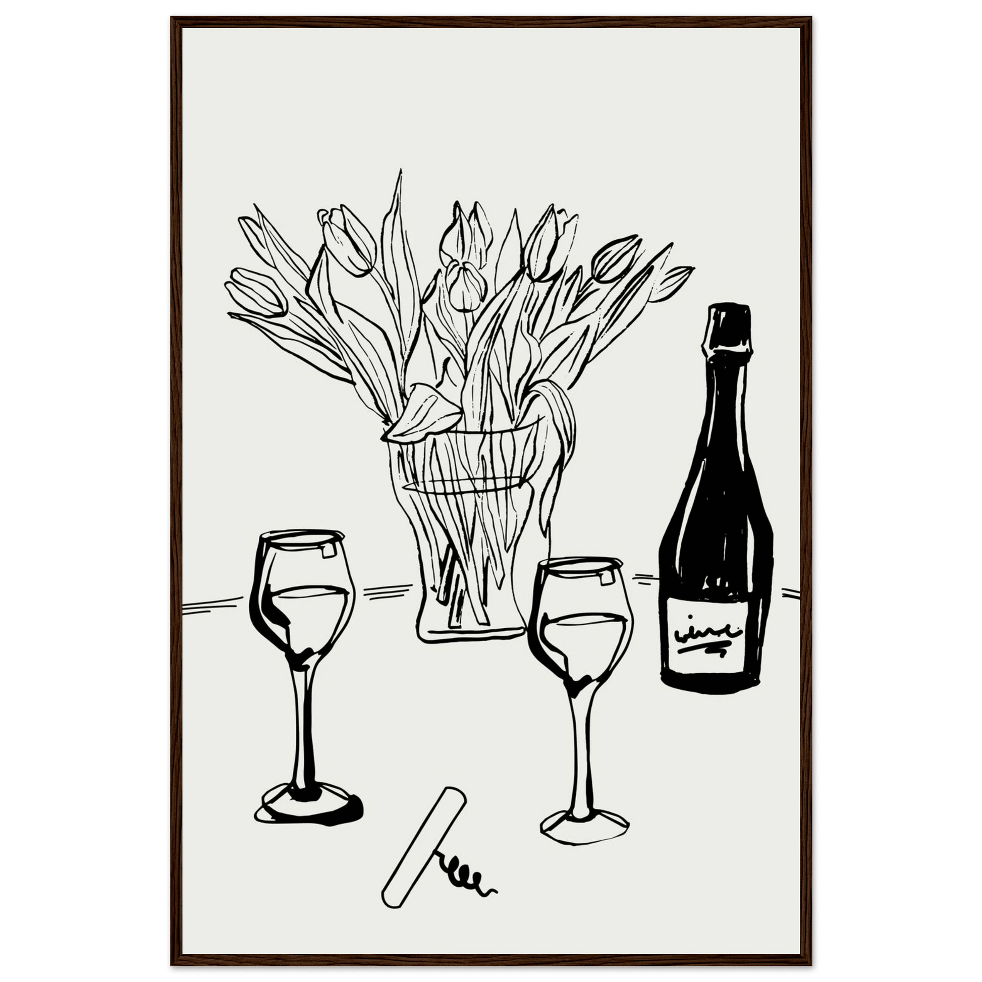 Wine & Tulips Print | Black Line Art Wine Bottle Wall Art | Minimalist Kitchen Poster - Evergreen Posters