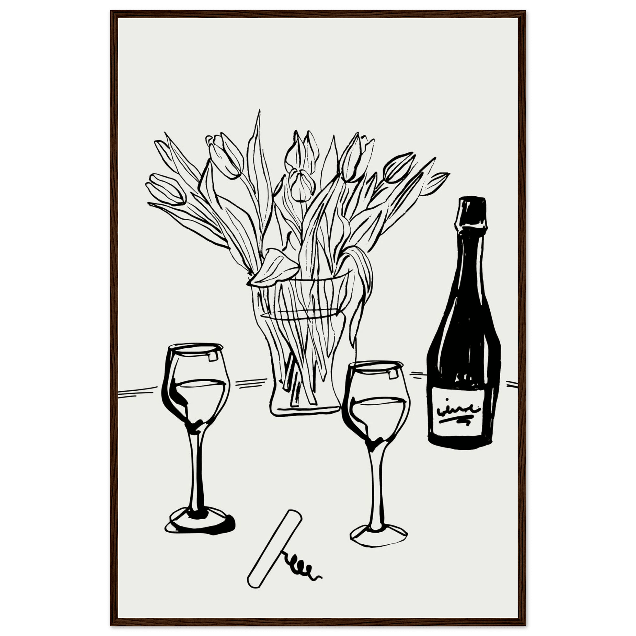 Wine & Tulips Print | Black Line Art Wine Bottle Wall Art | Minimalist Kitchen Poster - Evergreen Posters