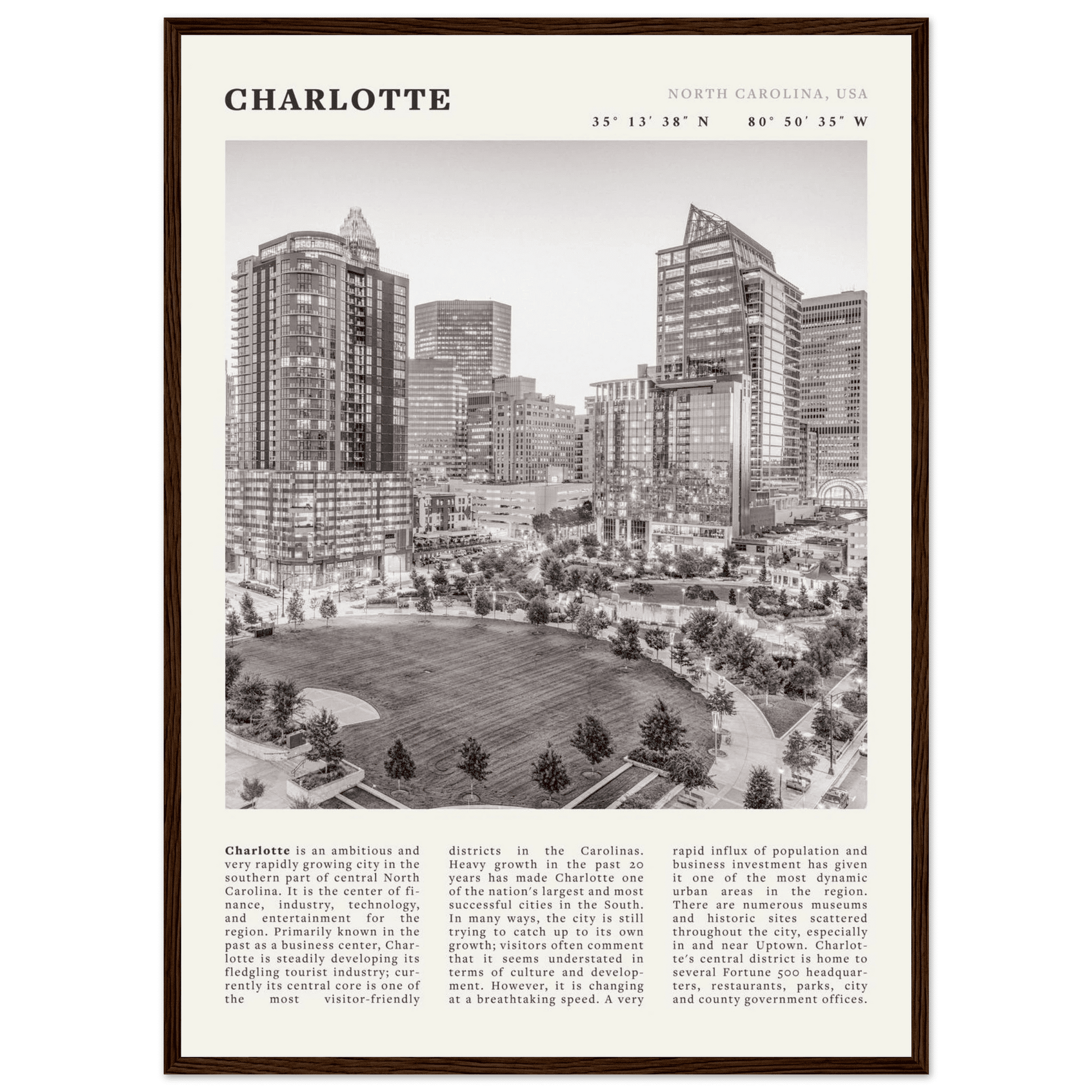 Charlotte Poster | Black & White North Carolina Skyline Wall Art | NC Travel Print - Evergreen Posters