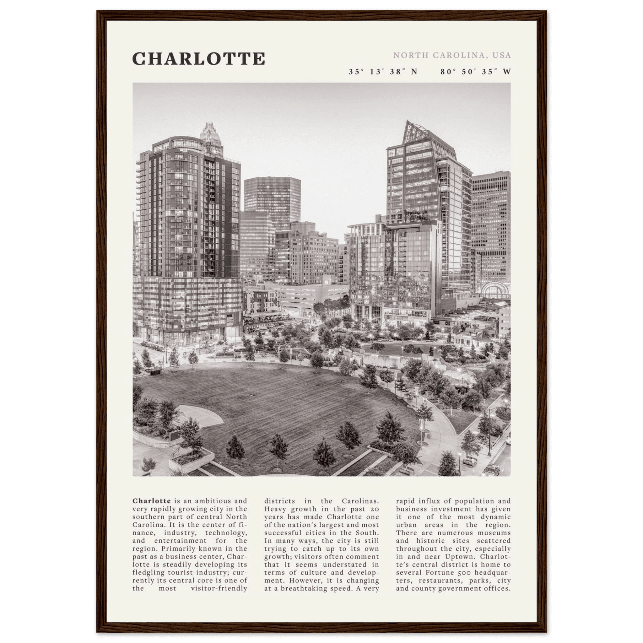 Charlotte Poster | Black & White North Carolina Skyline Wall Art | NC Travel Print - Evergreen Posters