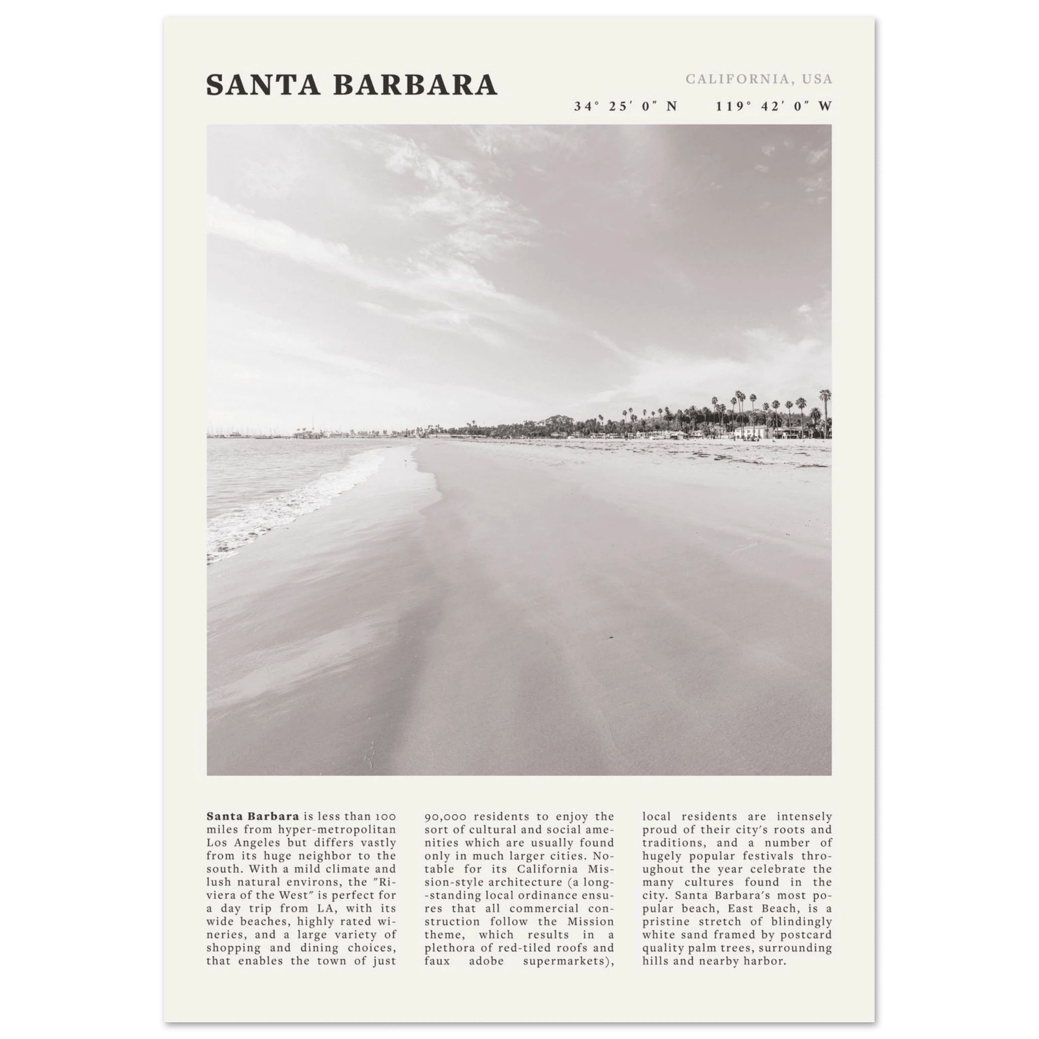 Santa Barbara Poster | Black & White California Beach Wall Art | CA Travel Print - Evergreen Posters