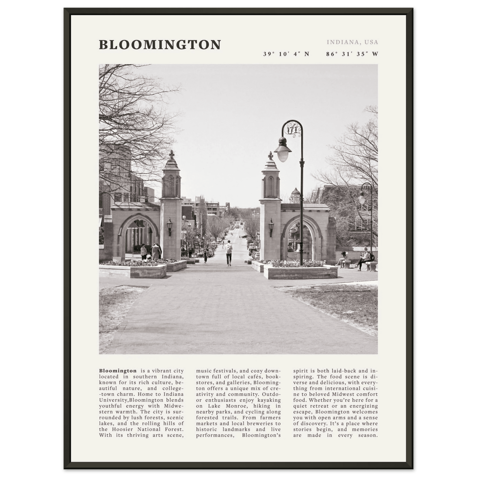 Bloomington Indiana Black and White Vintage Poster - Evergreen Posters