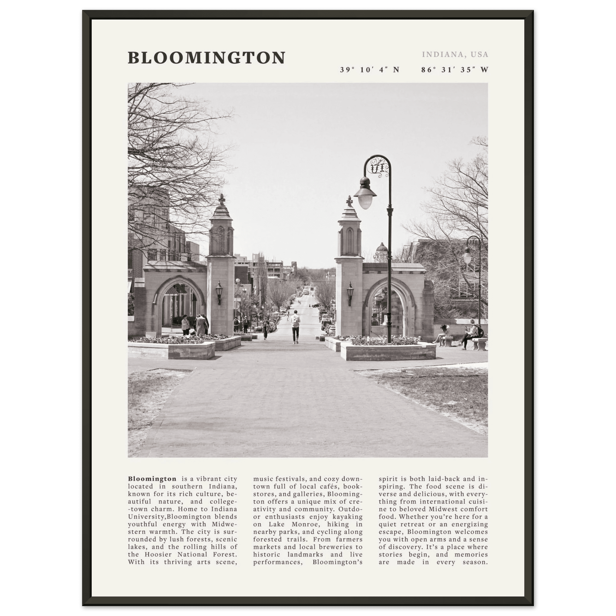 Bloomington Indiana Black and White Vintage Poster - Evergreen Posters