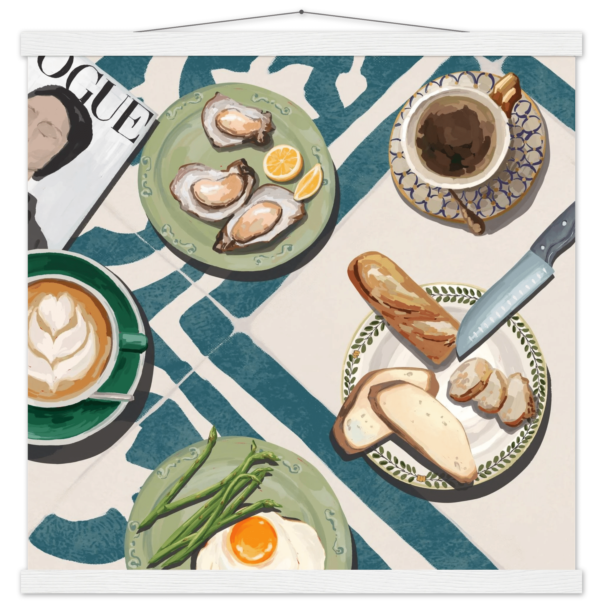Oysters & Vogue Brunch Poster | Luxury Kitchen Wall Art | Blue Tile Square Print - Evergreen Posters - 28