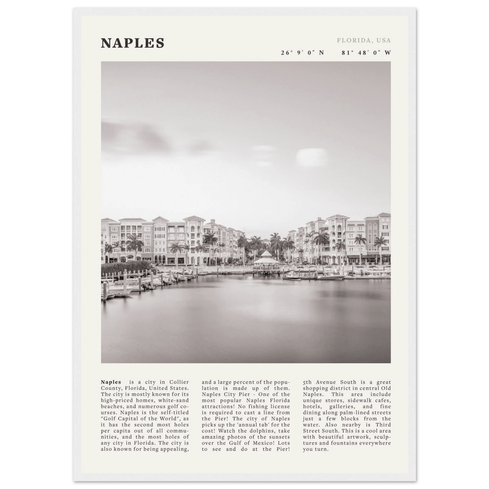 Naples Florida Poster | Black & White Gulf Coast Wall Art | FL Travel Print - Evergreen Posters