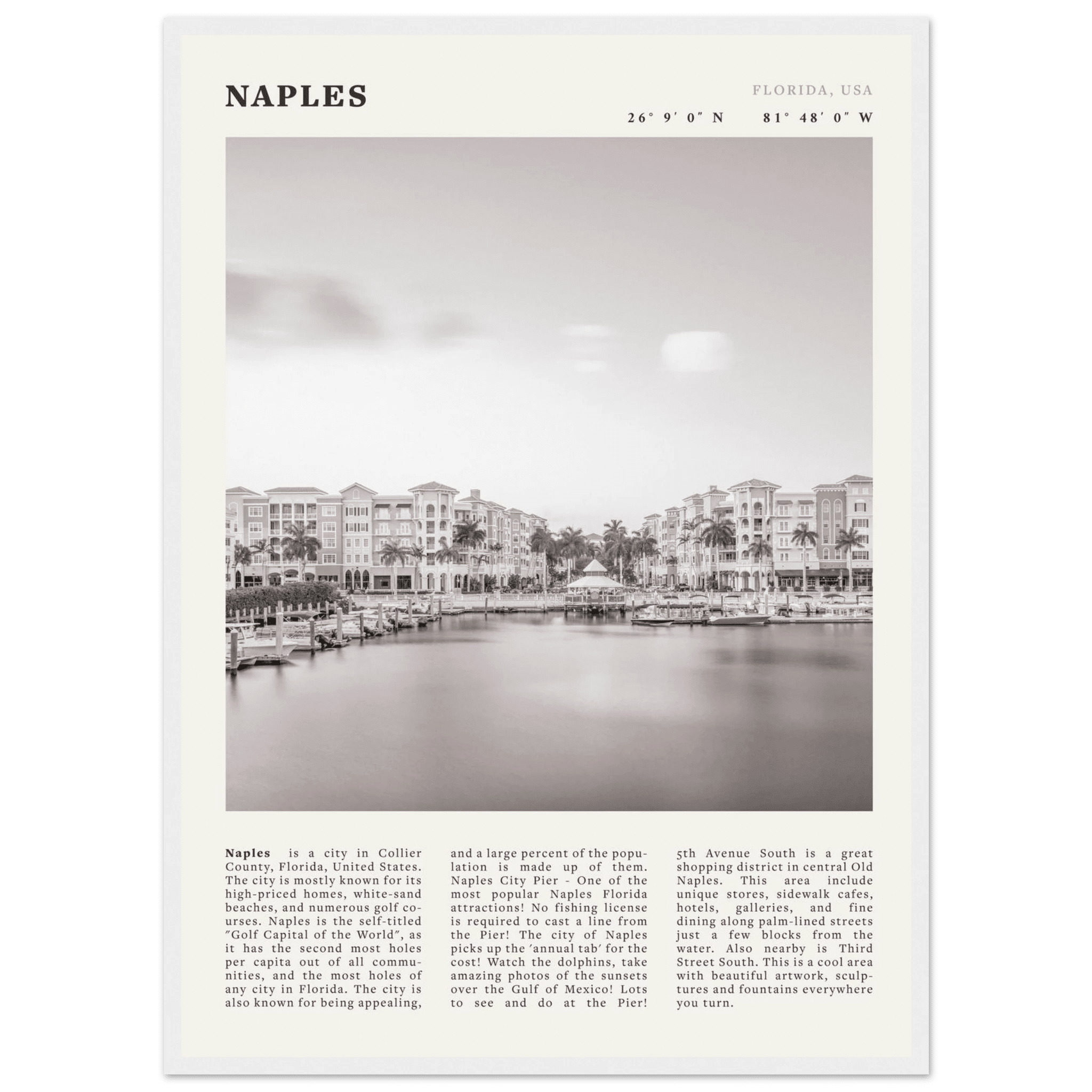 Naples Florida Poster | Black & White Gulf Coast Wall Art | FL Travel Print - Evergreen Posters