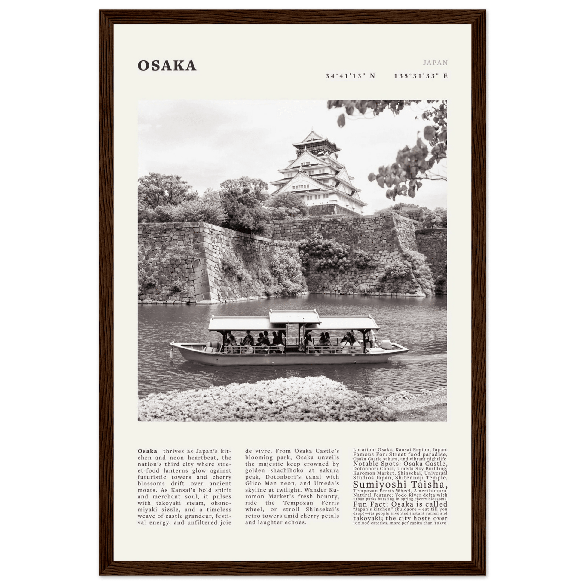 Osaka Poster Black and White – Vintage Osaka Castle Cherry Blossom Print (Digital & Printed Options) - Evergreen Posters