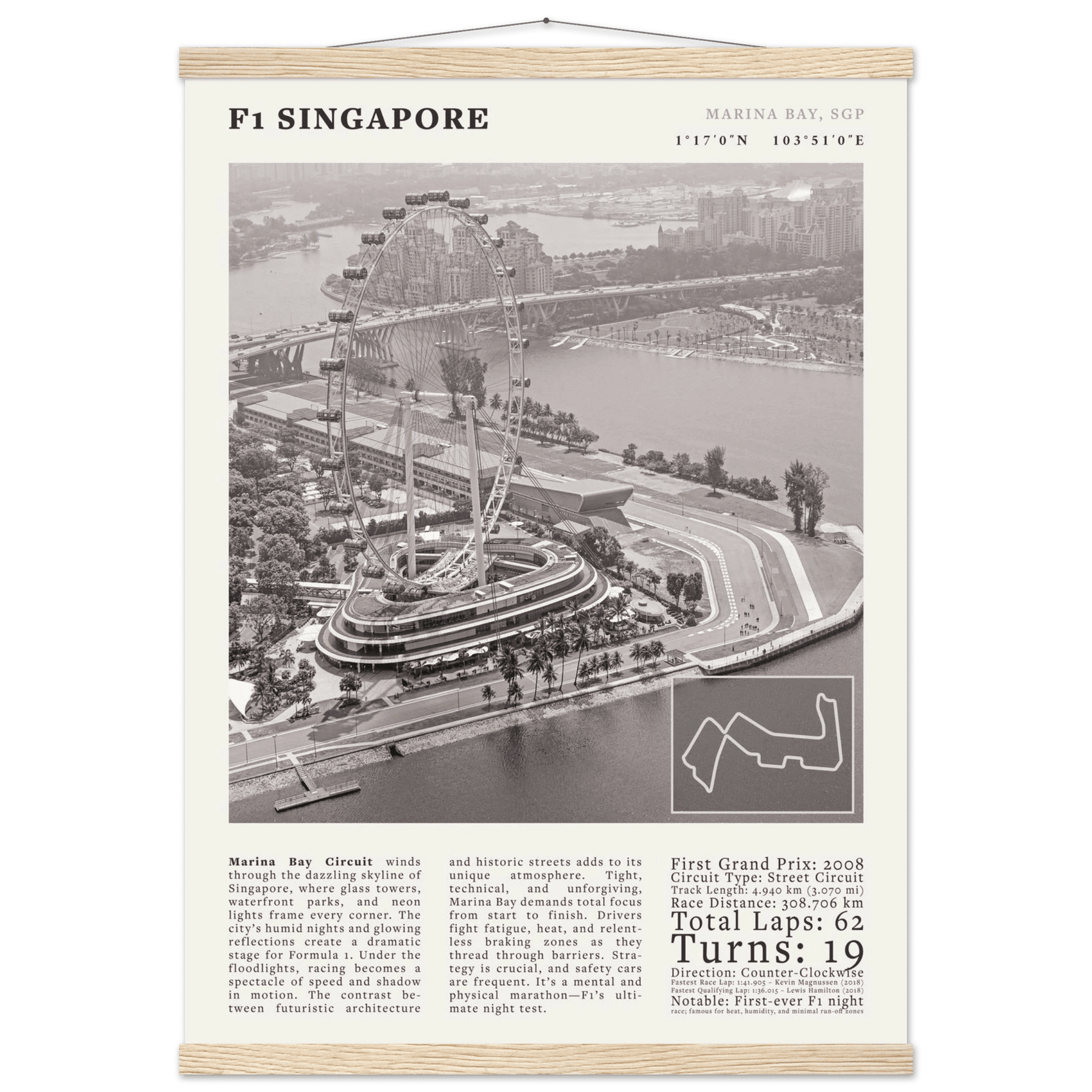 F1 Singapore Poster Black and White – Vintage Marina Bay Night Race Print (Digital & Printed Options) - Evergreen Posters
