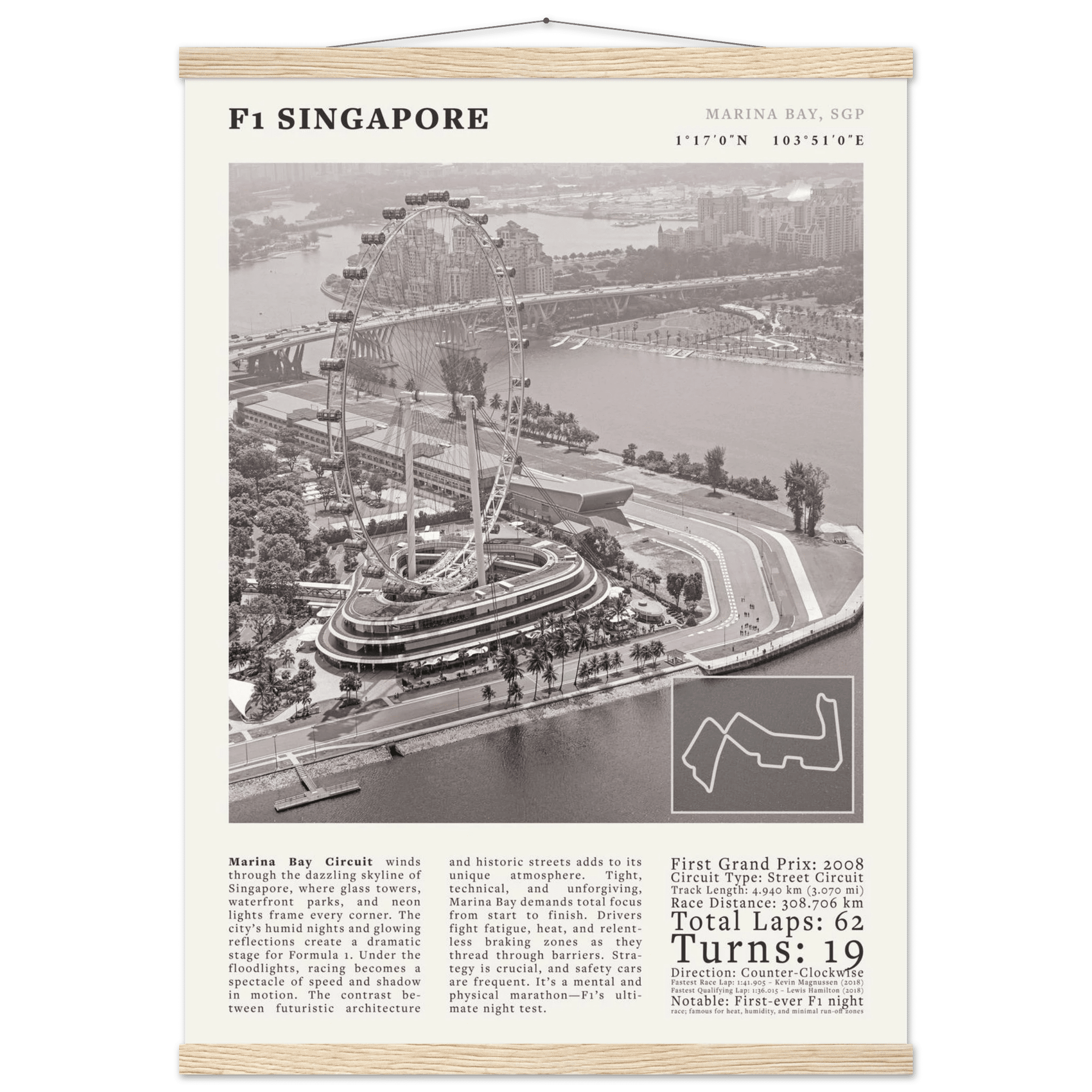 F1 Singapore Poster Black and White – Vintage Marina Bay Night Race Print (Digital & Printed Options) - Evergreen Posters