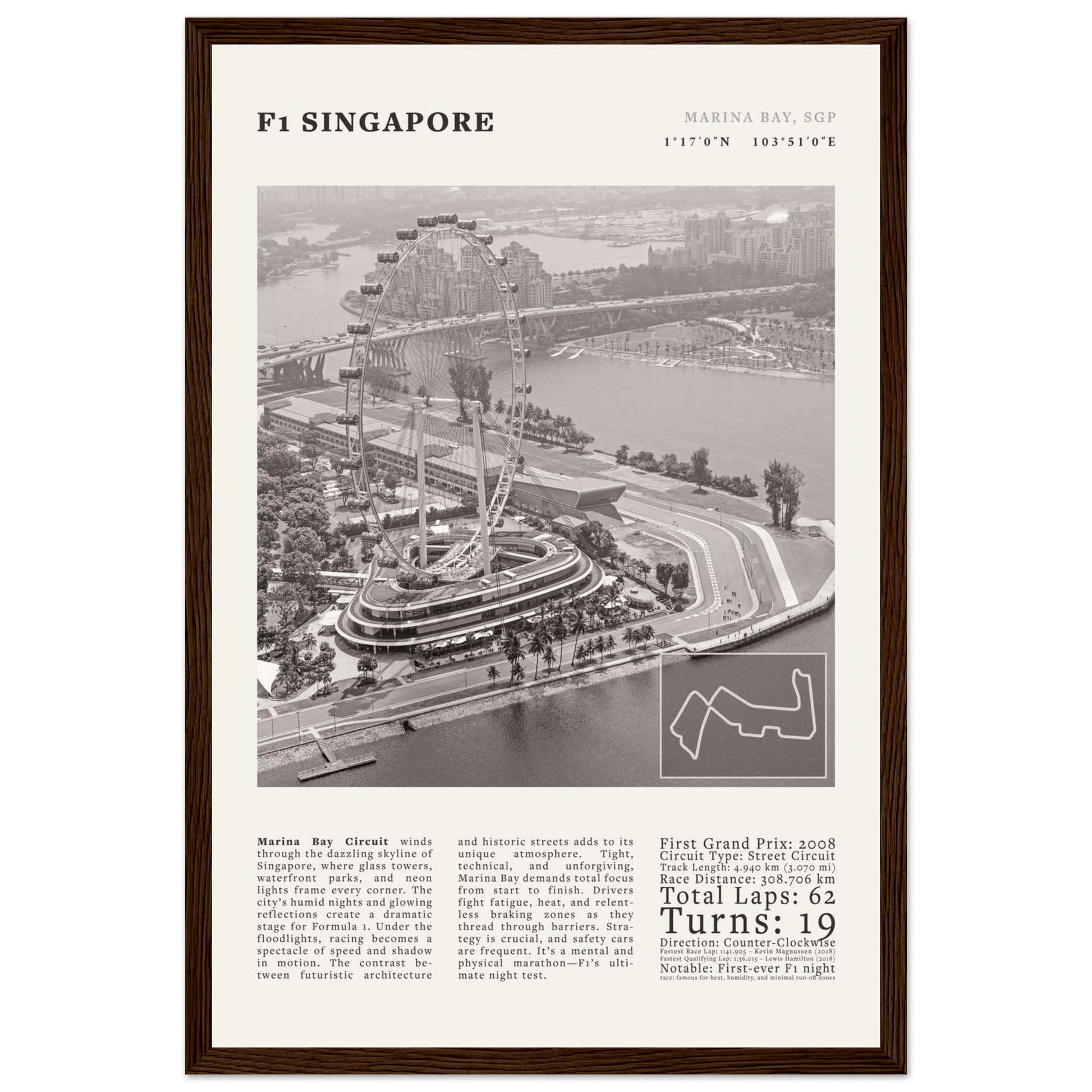 F1 Singapore Poster Black and White – Vintage Marina Bay Night Race Print (Digital & Printed Options) - Evergreen Posters