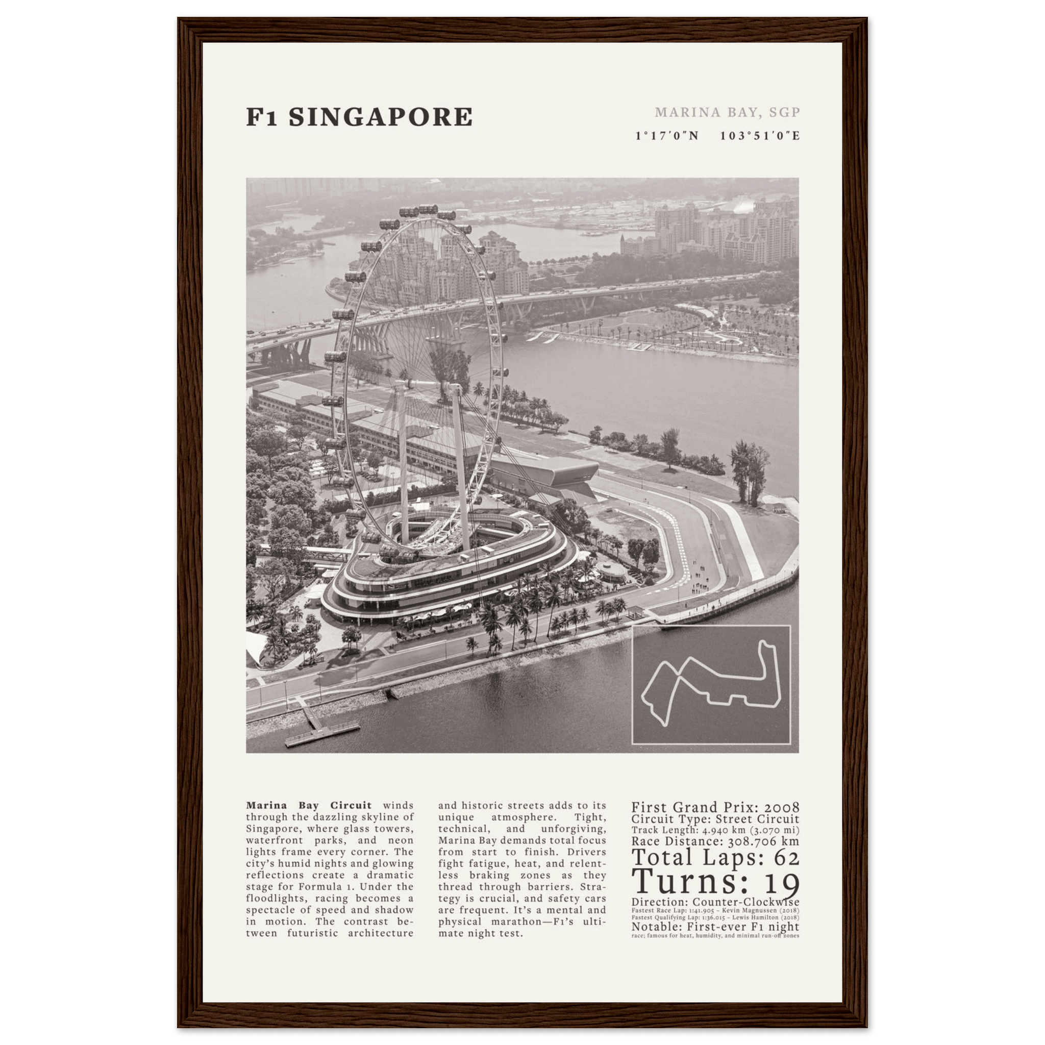 F1 Singapore Poster Black and White – Vintage Marina Bay Night Race Print (Digital & Printed Options) - Evergreen Posters
