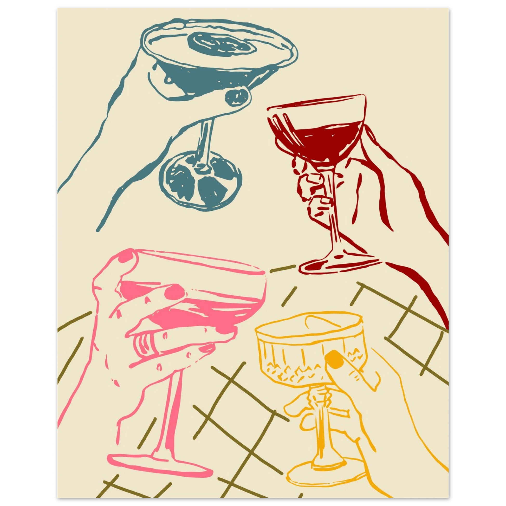 Cheers Print | Colourful Cocktail Glasses Wall Art | Kitchen Bar Poster - Evergreen Posters