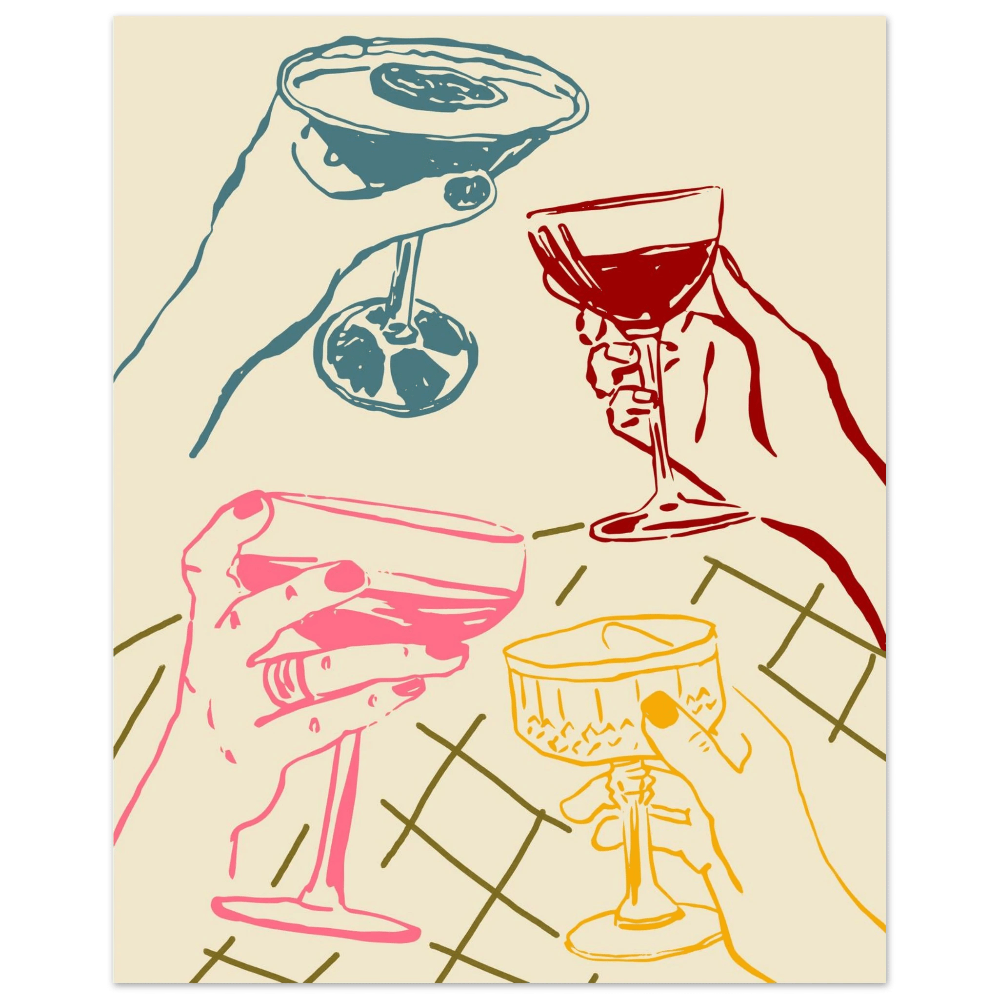 Cheers Print | Colourful Cocktail Glasses Wall Art | Kitchen Bar Poster - Evergreen Posters