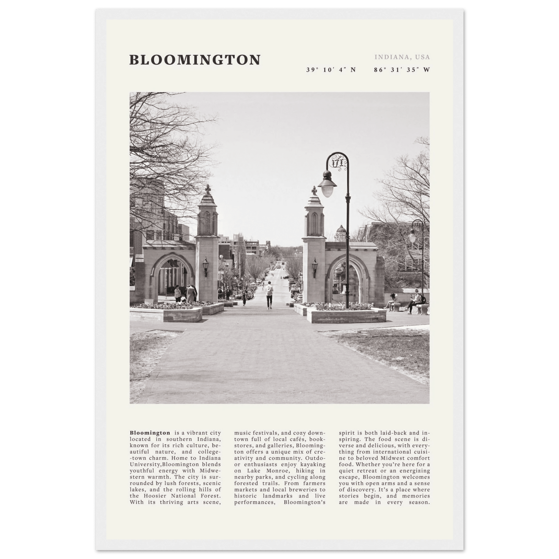 Bloomington Indiana Black and White Vintage Poster - Evergreen Posters
