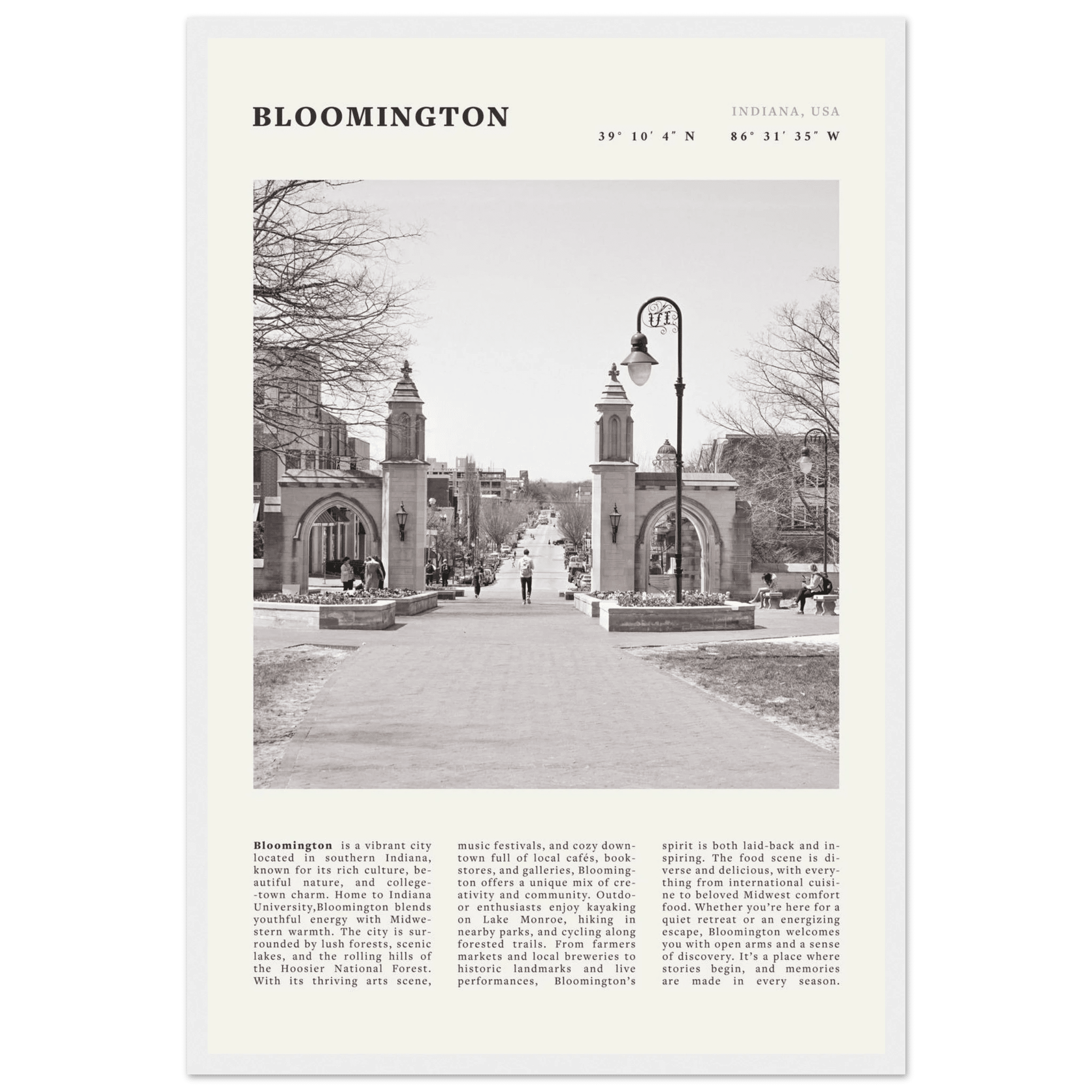 Bloomington Indiana Black and White Vintage Poster - Evergreen Posters