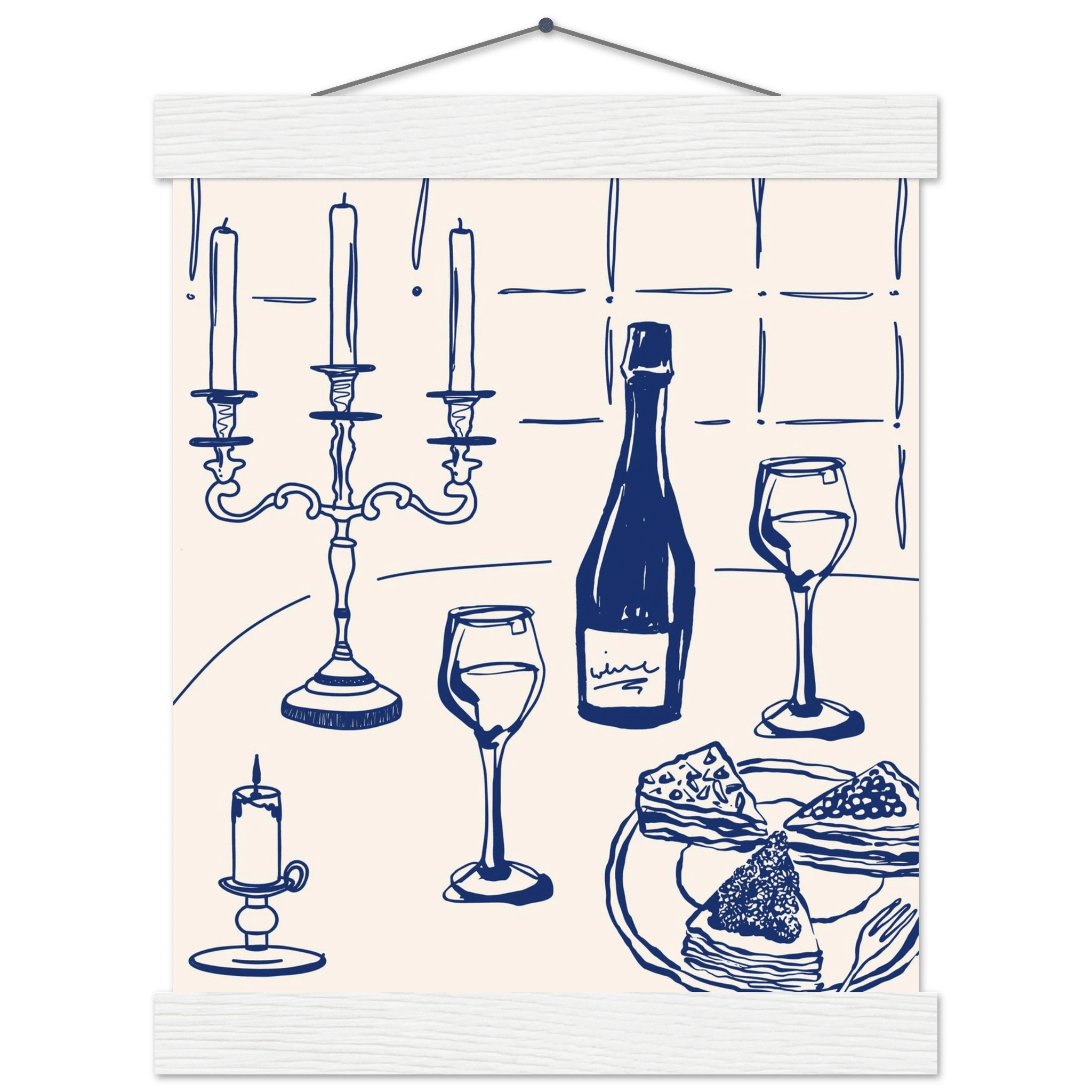 Candlelight Dinner Print | Navy Blue Wine & Candelabra Line Art | Kitchen Poster - Evergreen Posters