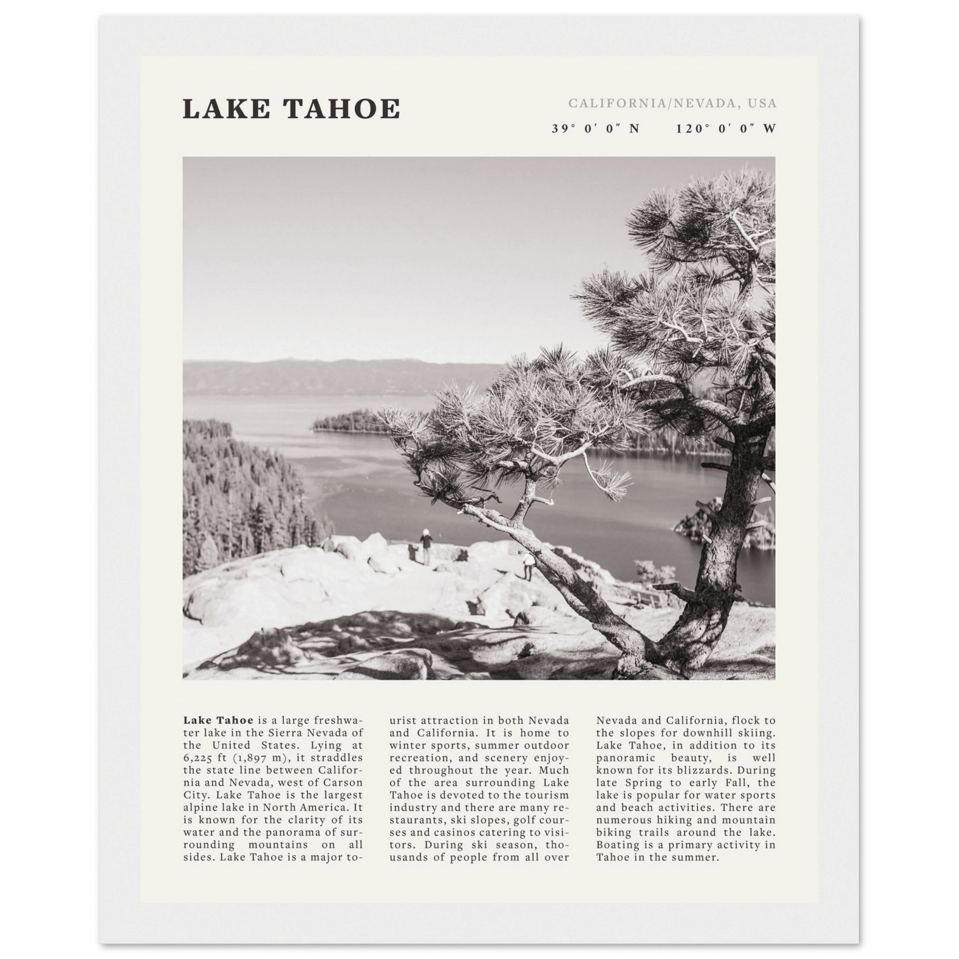 Lake Tahoe Poster | Black & White California Nevada Wall Art | Nature Travel Print Decor - Evergreen Posters
