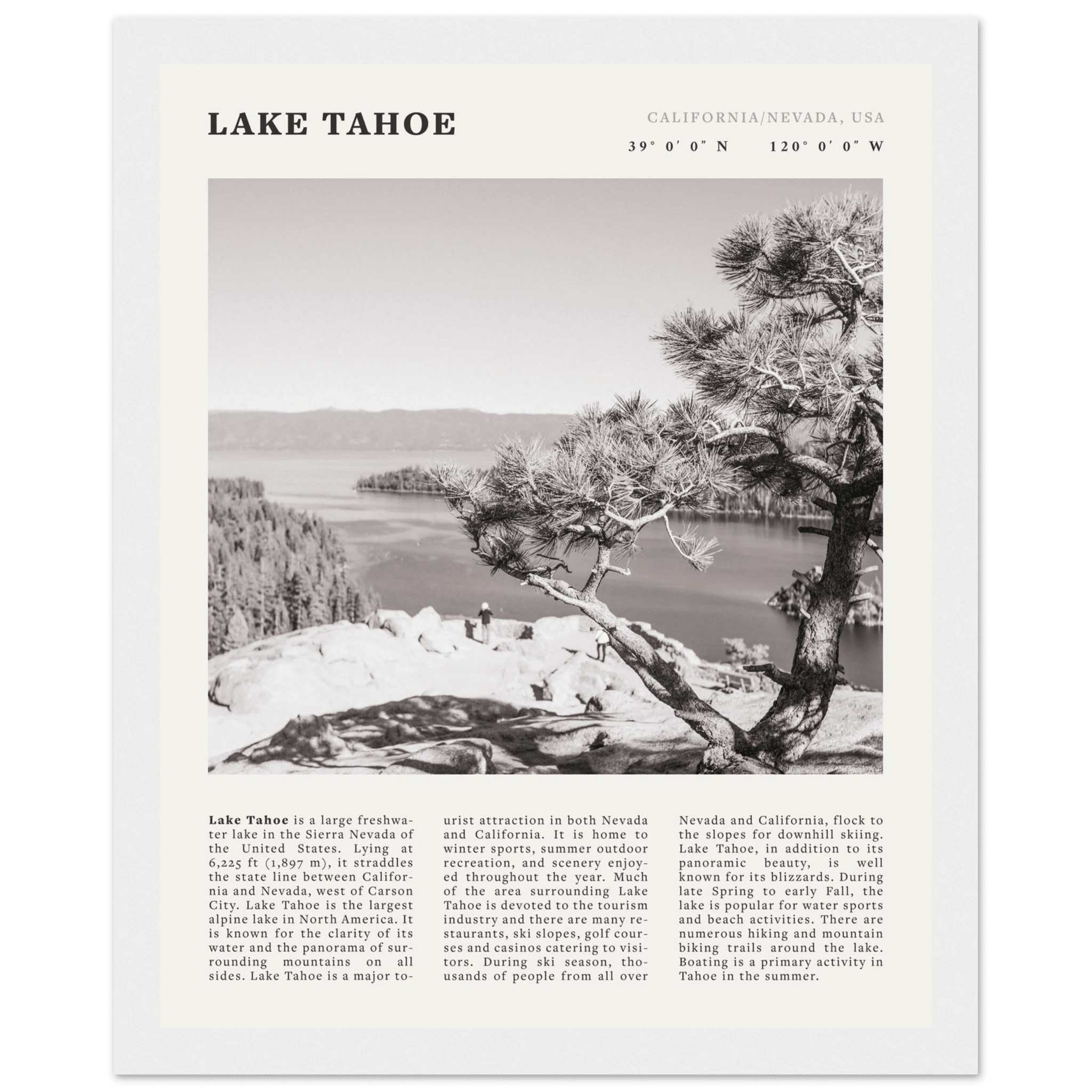 Lake Tahoe Poster | Black & White California Nevada Wall Art | Nature Travel Print Decor - Evergreen Posters
