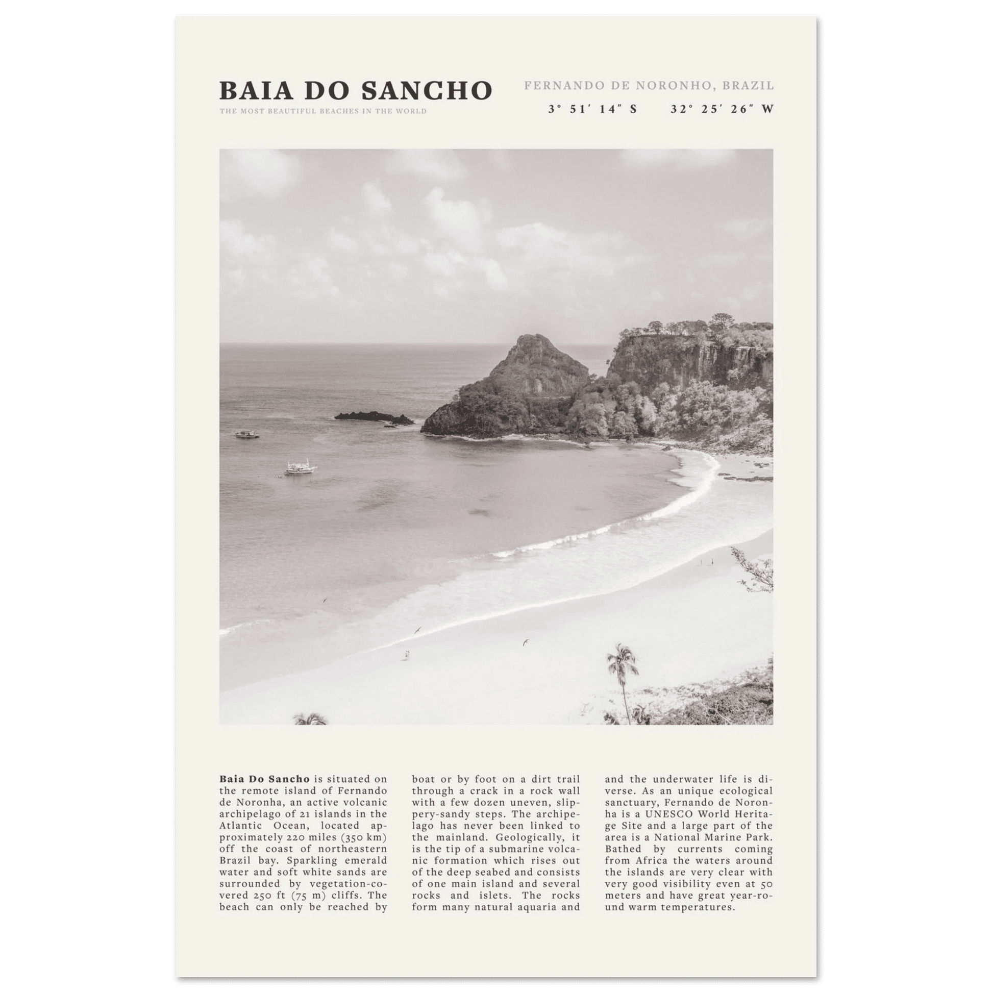 Baia Do Sancho Poster | Black & White Brazil Beach Wall Art | Fernando de Noronha - Evergreen Posters