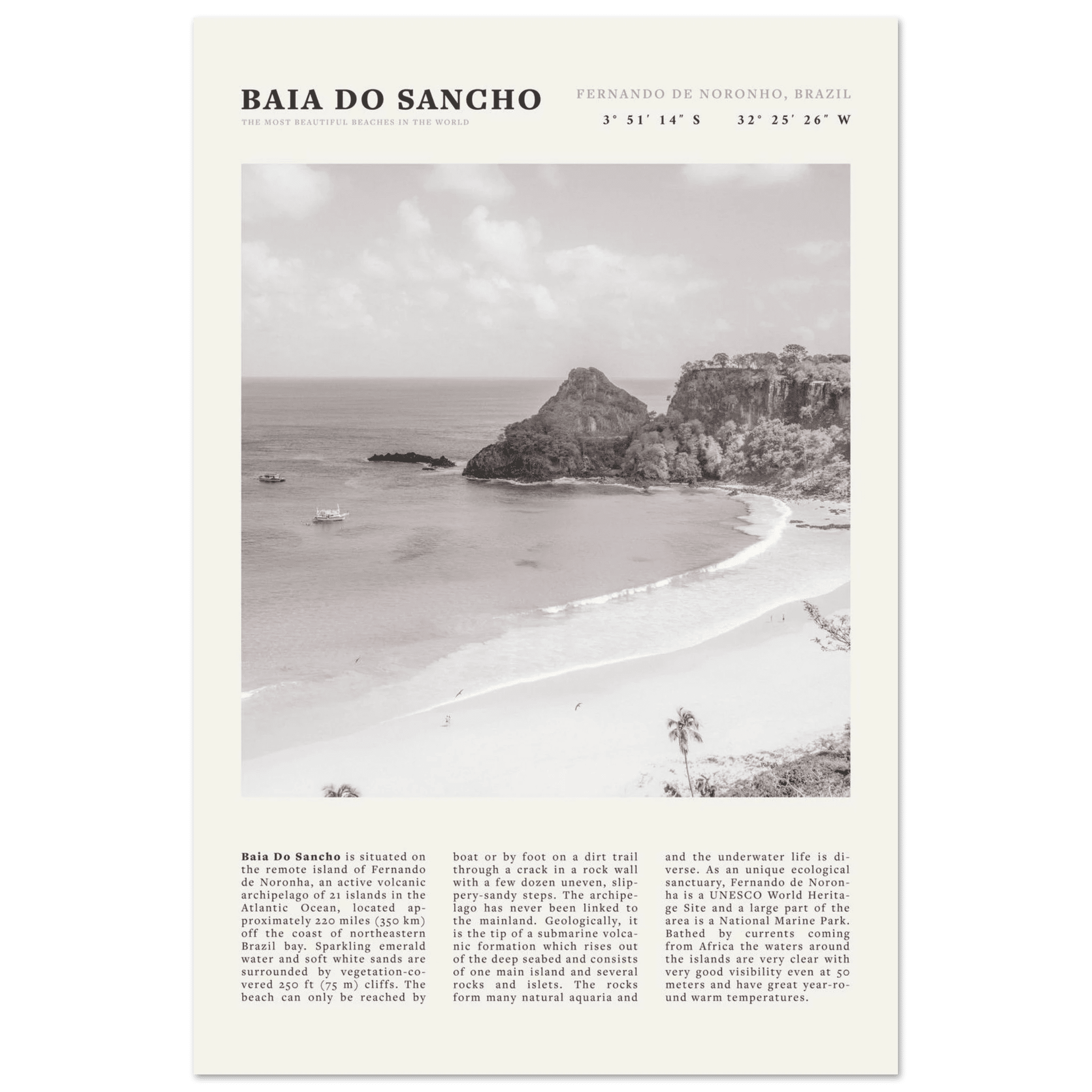 Baia Do Sancho Poster | Black & White Brazil Beach Wall Art | Fernando de Noronha - Evergreen Posters