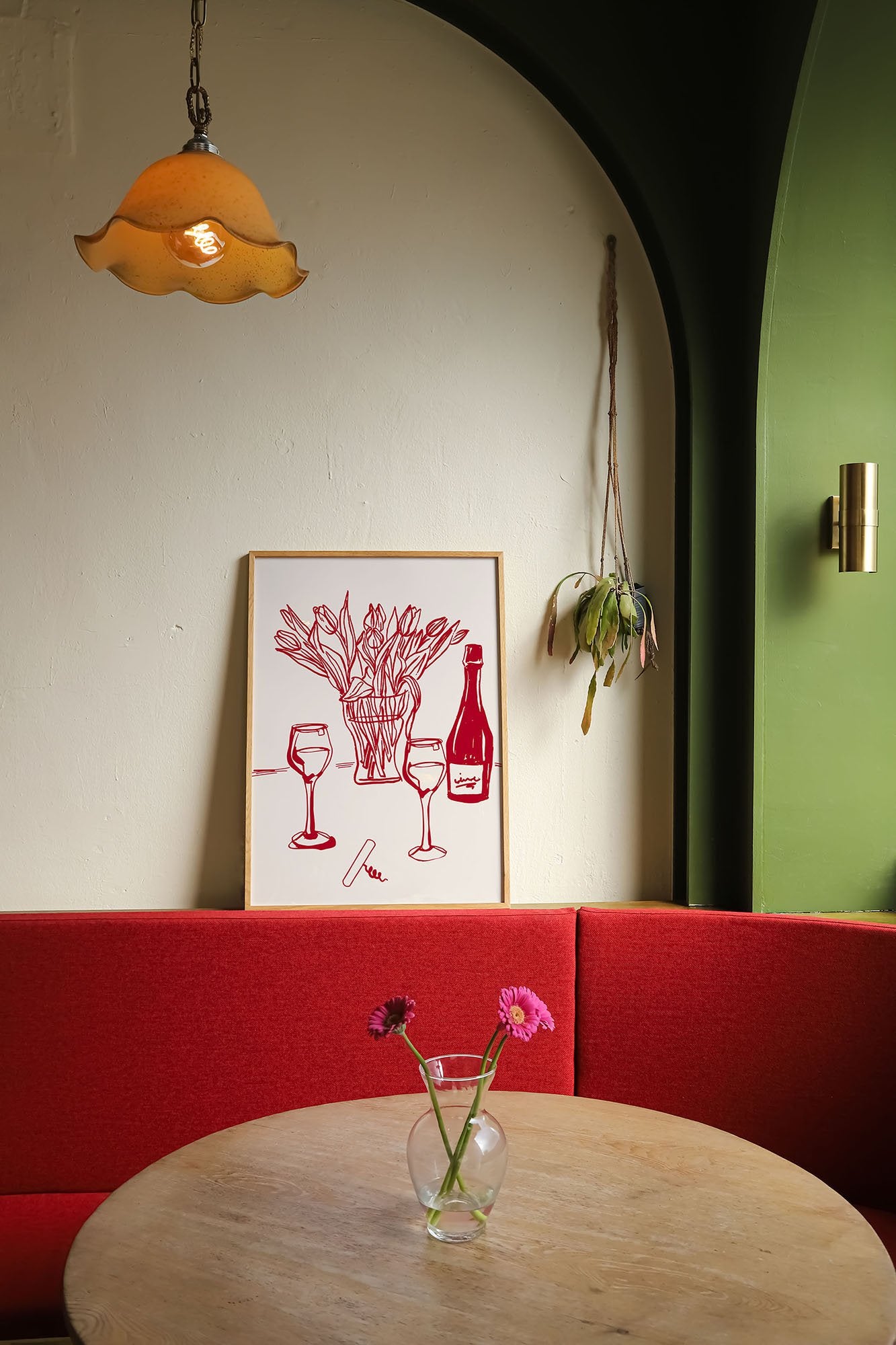 Red Wine & Tulips Print | Line Art Wine Bottle Wall Art | Kitchen Poster - Evergreen Posters