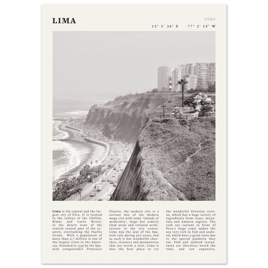 Lima Poster | Black & White Peru Coastal Wall Art | South America Travel Print - Evergreen Posters