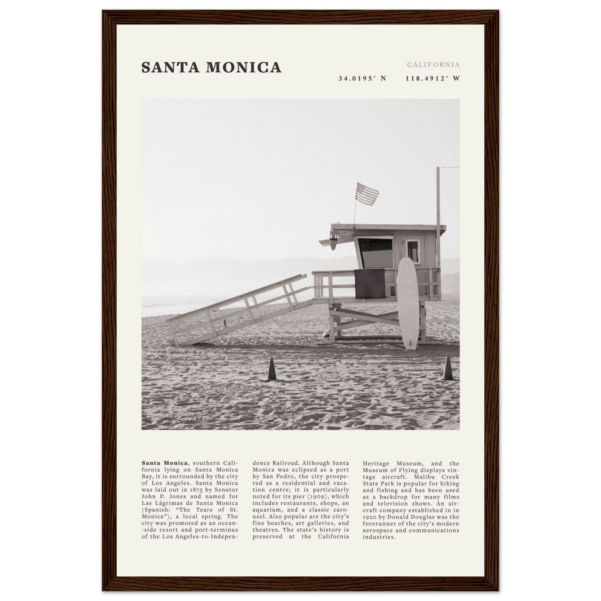 Santa Monica Poster | Black & White California Wall Art | Beach Travel Print | Coastal Decor - Evergreen Posters