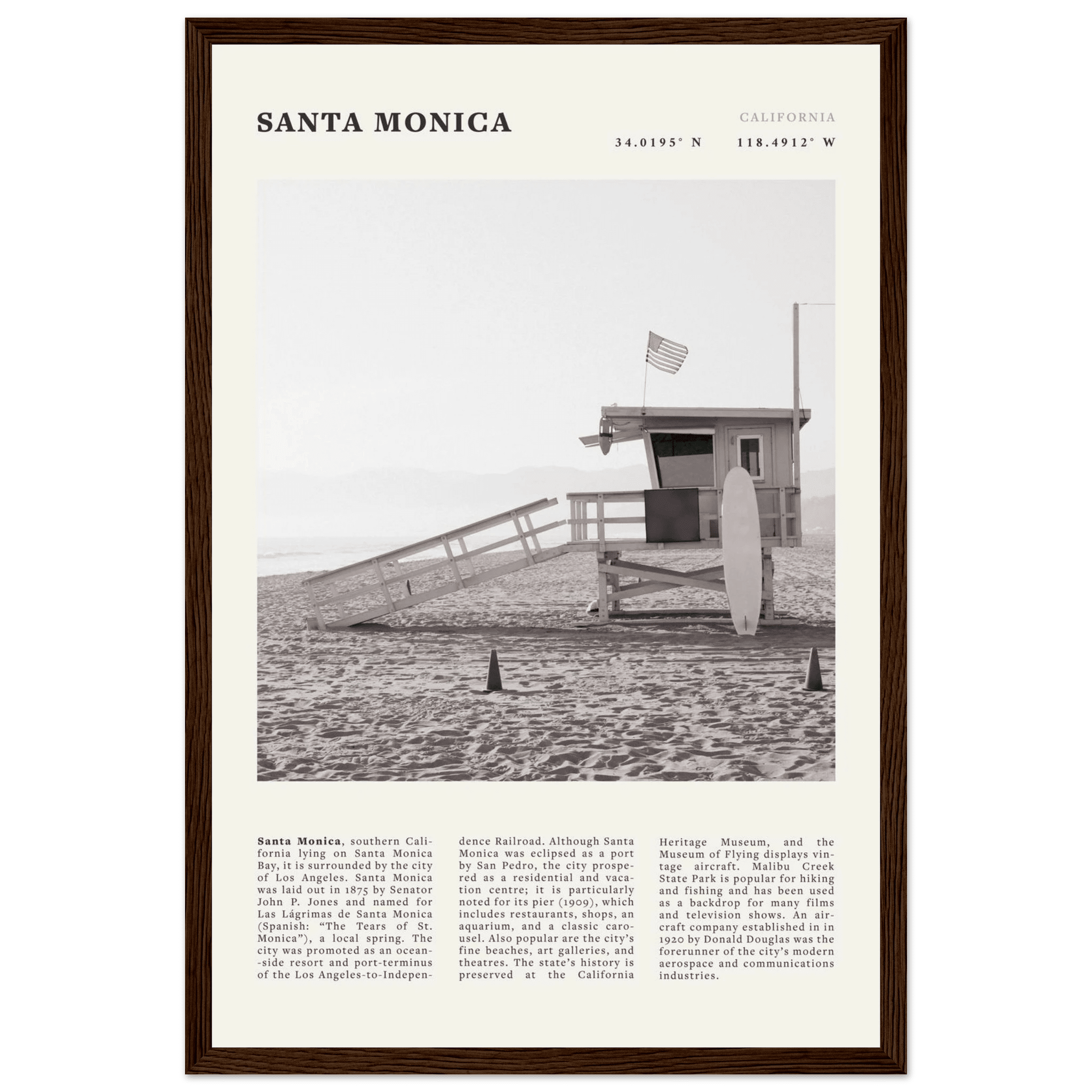 Santa Monica Poster | Black & White California Wall Art | Beach Travel Print | Coastal Decor - Evergreen Posters