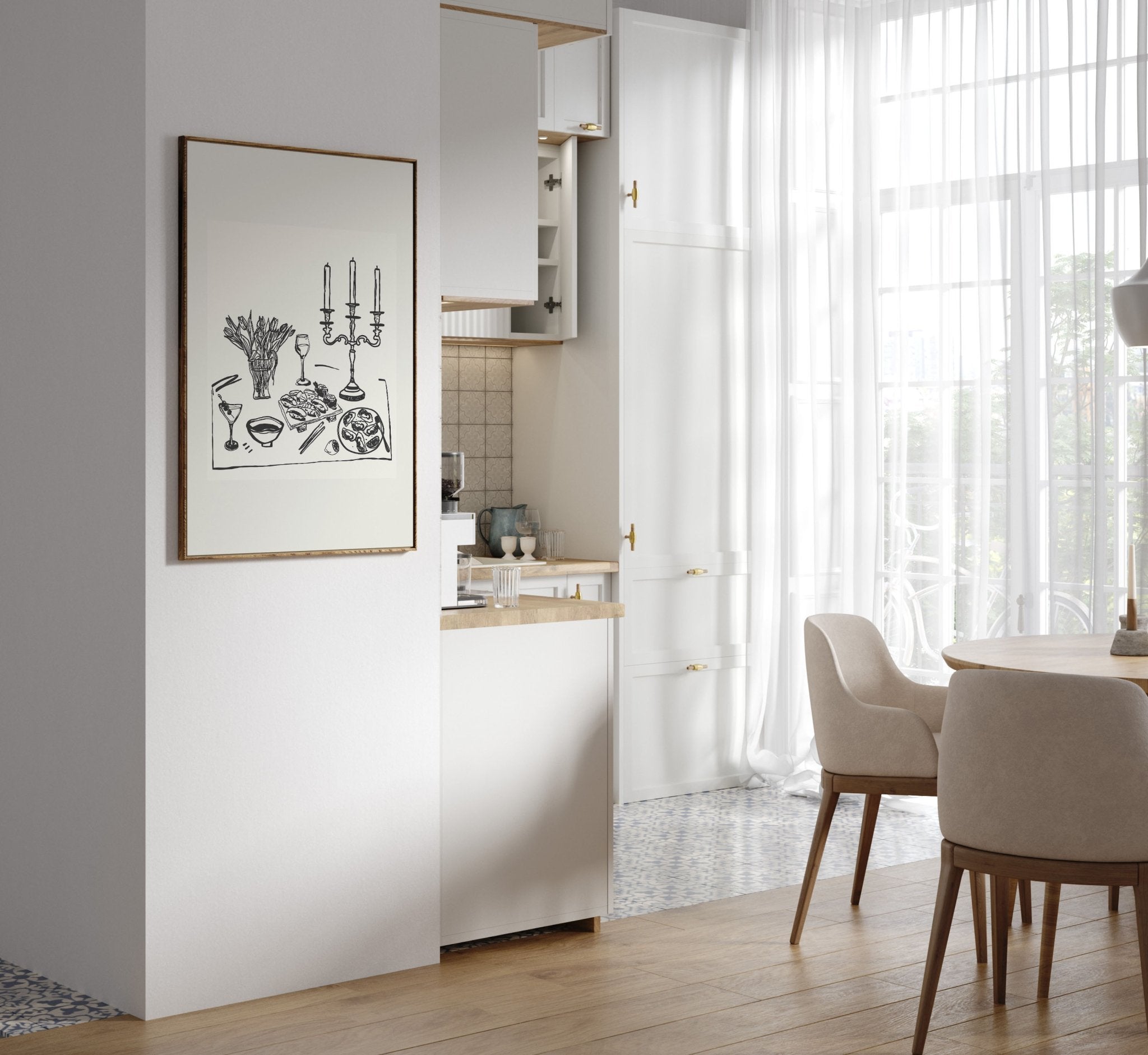 Fine Dining Table Print | Black Line Art Kitchen Wall Art | Elegant Dining Room Poster - Evergreen Posters
