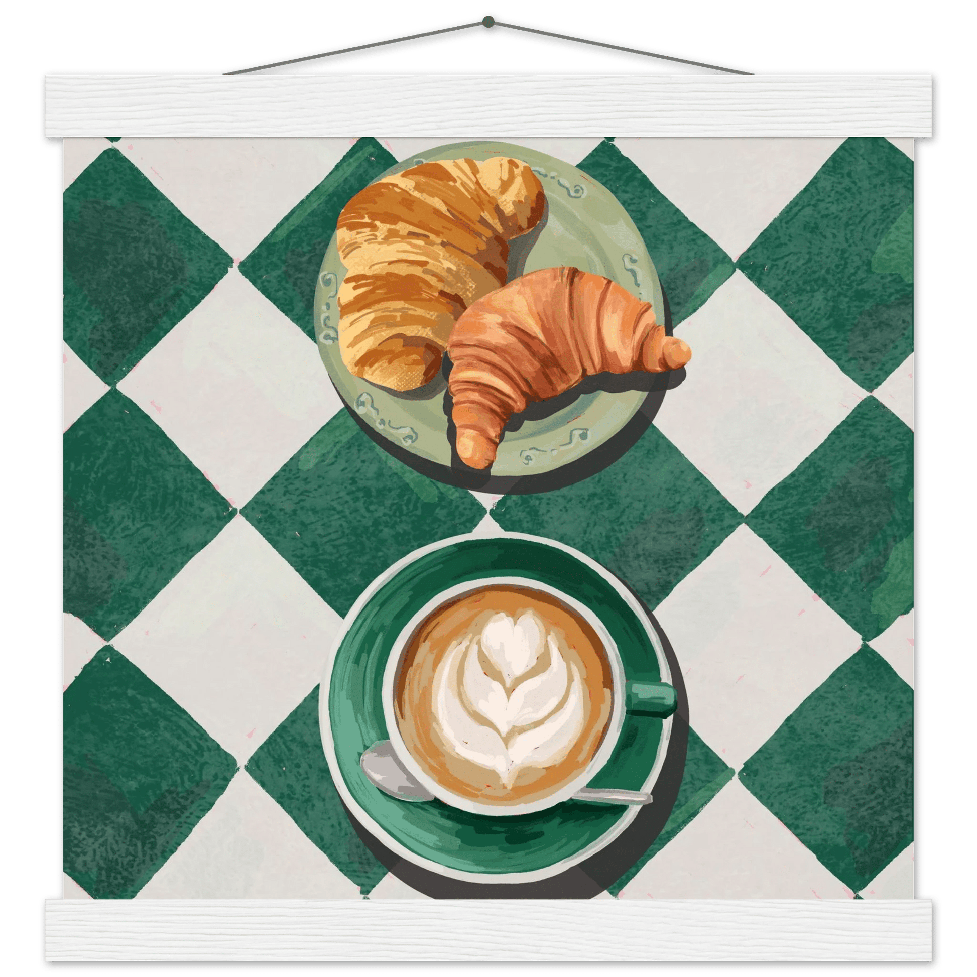 Croissant & Latte Poster | Classic Kitchen Wall Art | Green Tile Square Breakfast Print - Evergreen Posters - 27