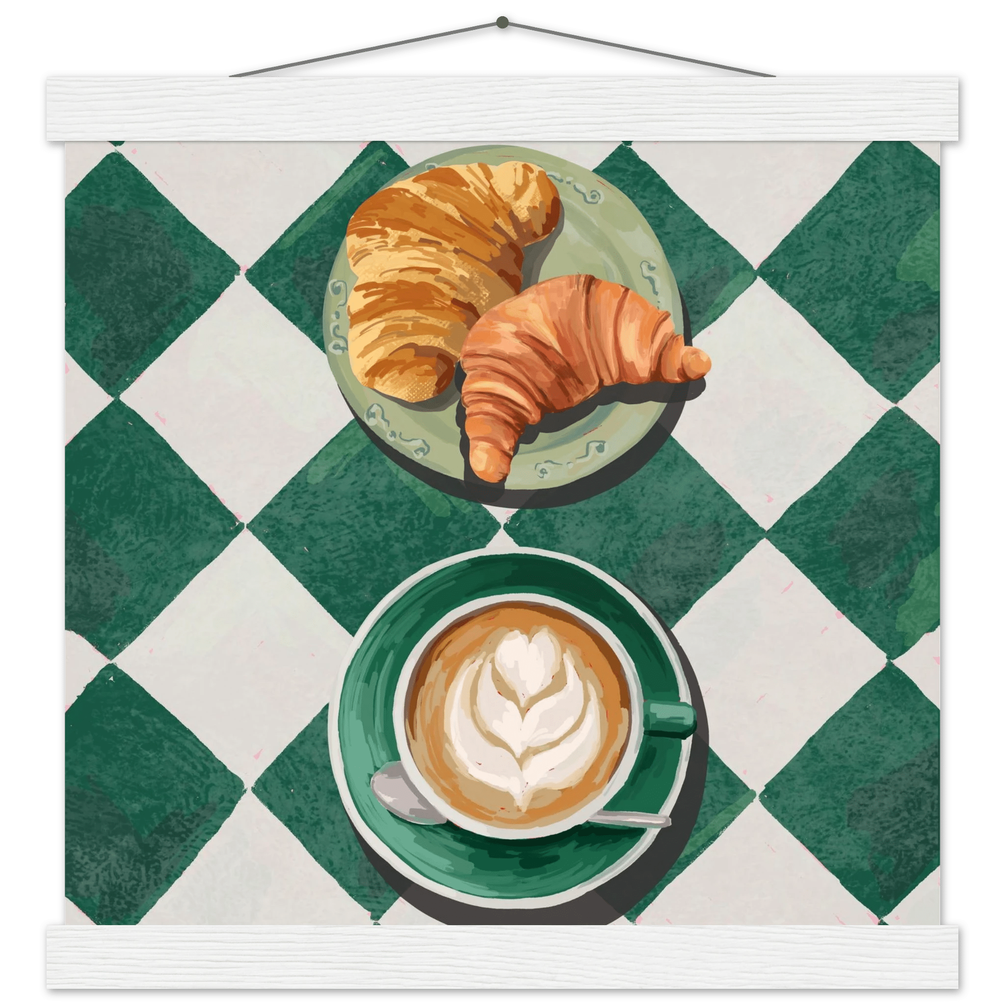 Croissant & Latte Poster | Classic Kitchen Wall Art | Green Tile Square Breakfast Print - Evergreen Posters - 27