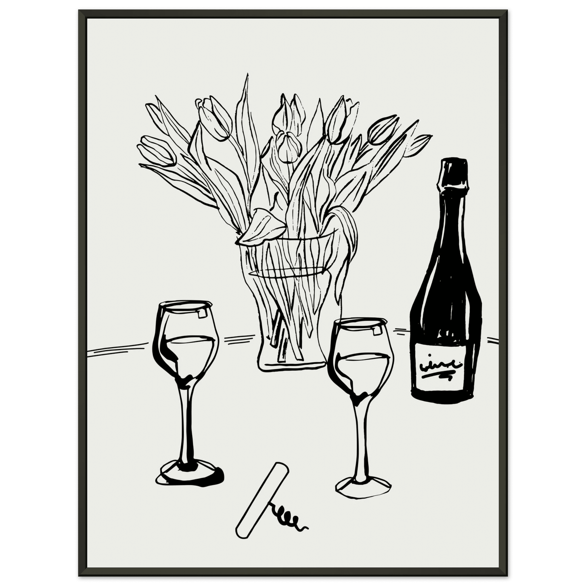 Wine & Tulips Print | Black Line Art Wine Bottle Wall Art | Minimalist Kitchen Poster - Evergreen Posters