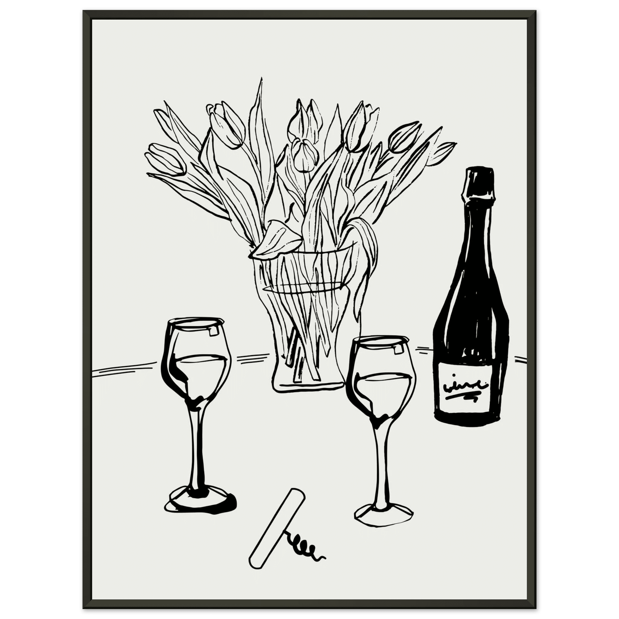 Wine & Tulips Print | Black Line Art Wine Bottle Wall Art | Minimalist Kitchen Poster - Evergreen Posters