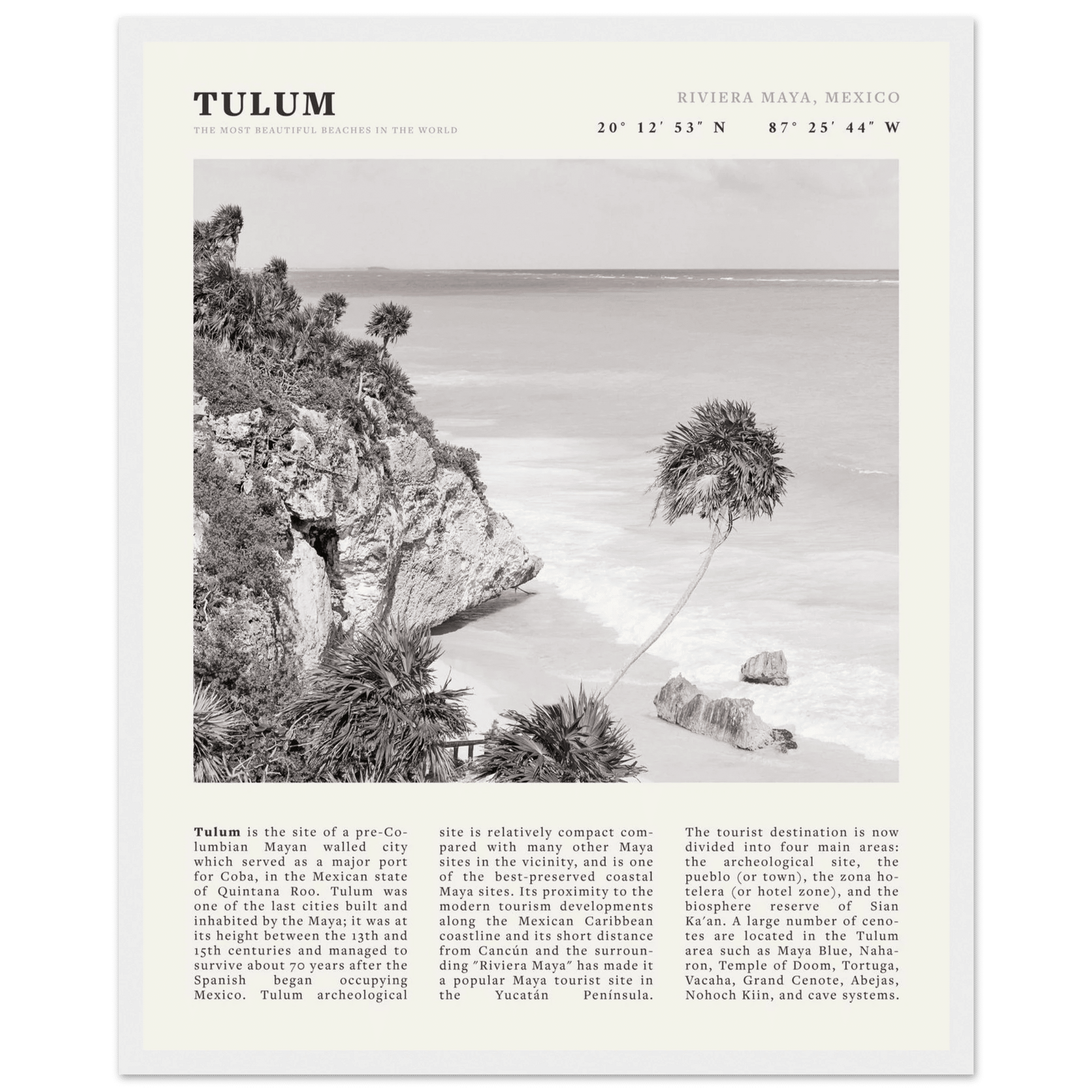 Tulum Poster | Black & White Riviera Maya Mexico Wall Art | Beach Travel Print - Evergreen Posters