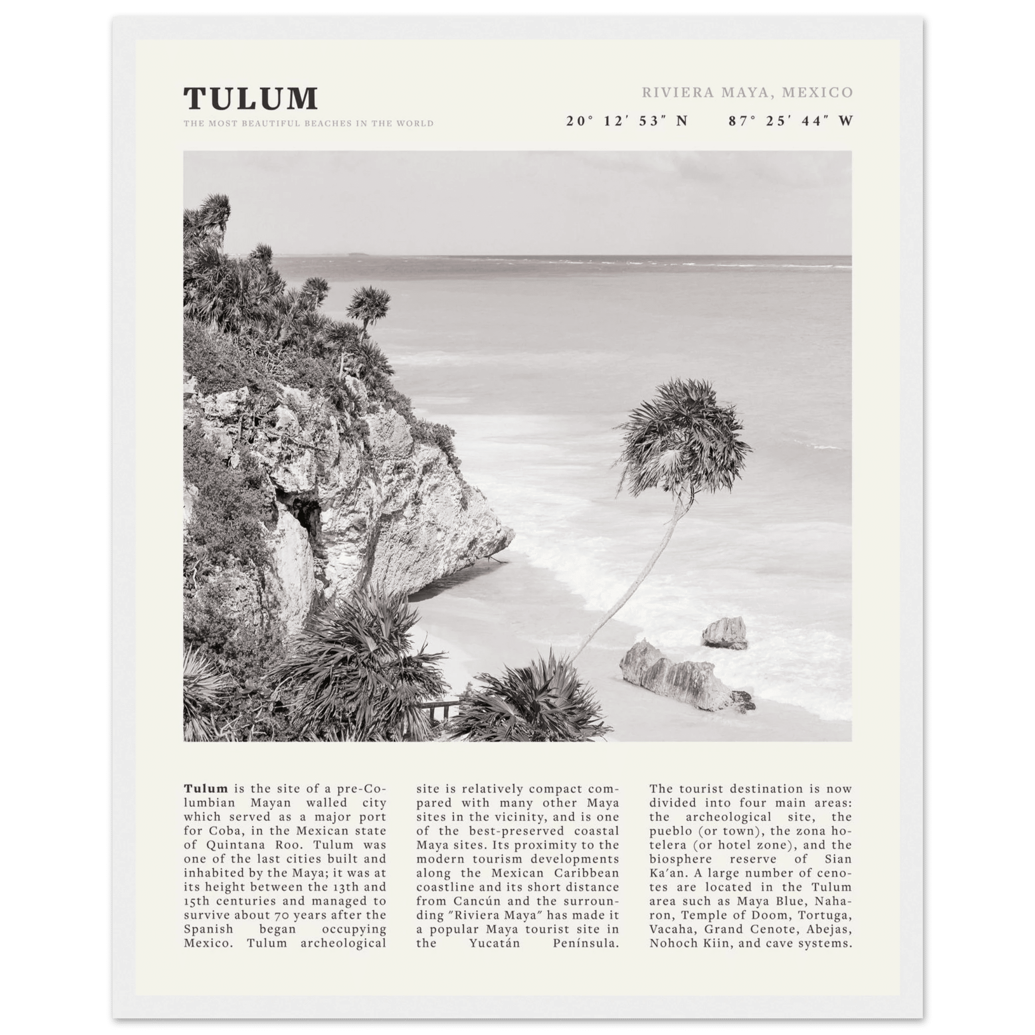 Tulum Poster | Black & White Riviera Maya Mexico Wall Art | Beach Travel Print - Evergreen Posters