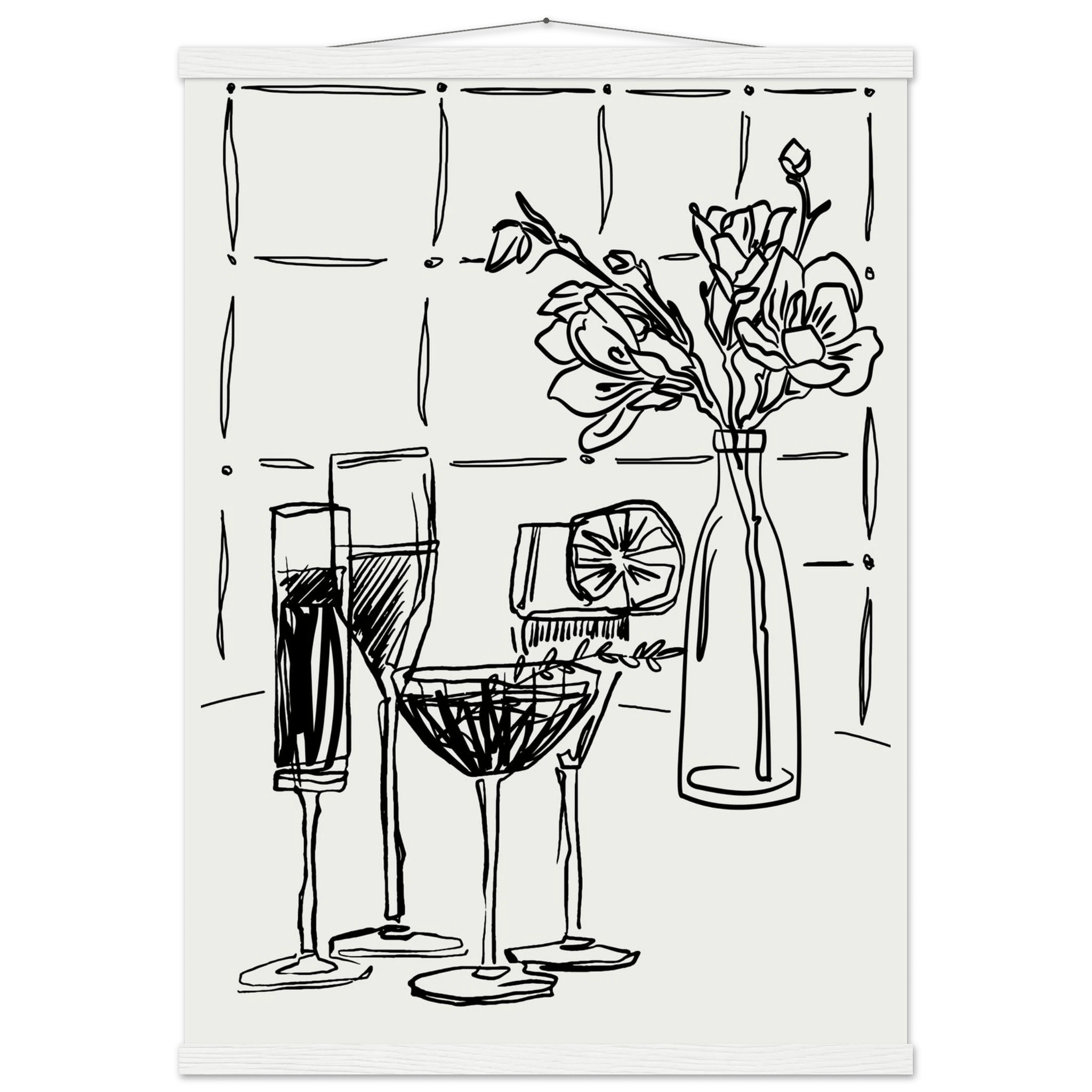 Cocktails & Flowers Print | Black Line Art Drinks Wall Art | Kitchen Bar Poster - Evergreen Posters