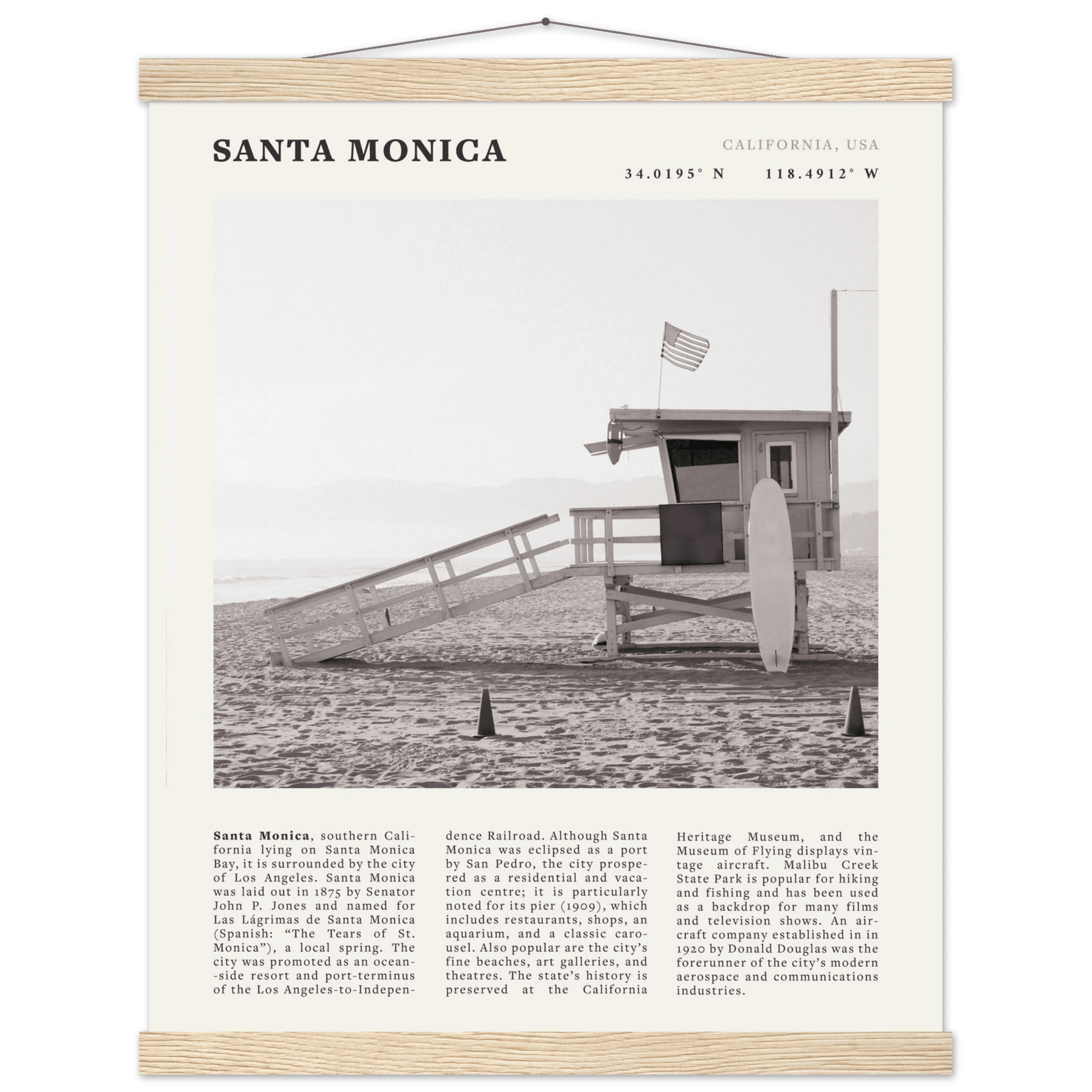 Santa Monica Poster | Black & White California Wall Art | Beach Travel Print | Coastal Decor - Evergreen Posters