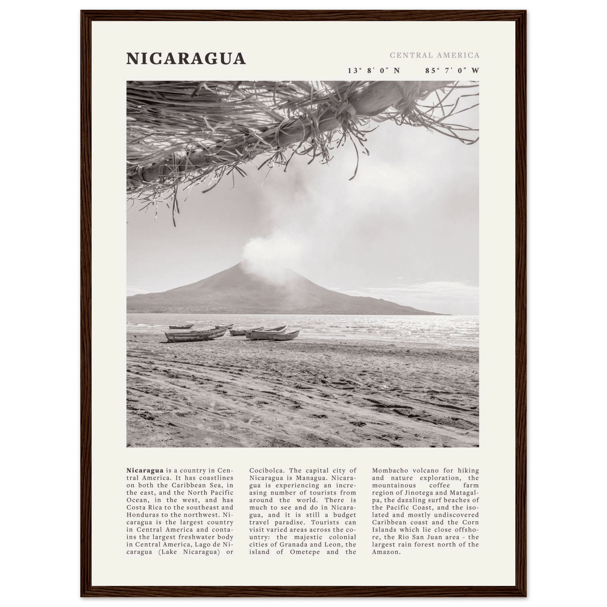 Nicaragua Poster | Black & White Volcano Wall Art | Central America Travel Print - Evergreen Posters