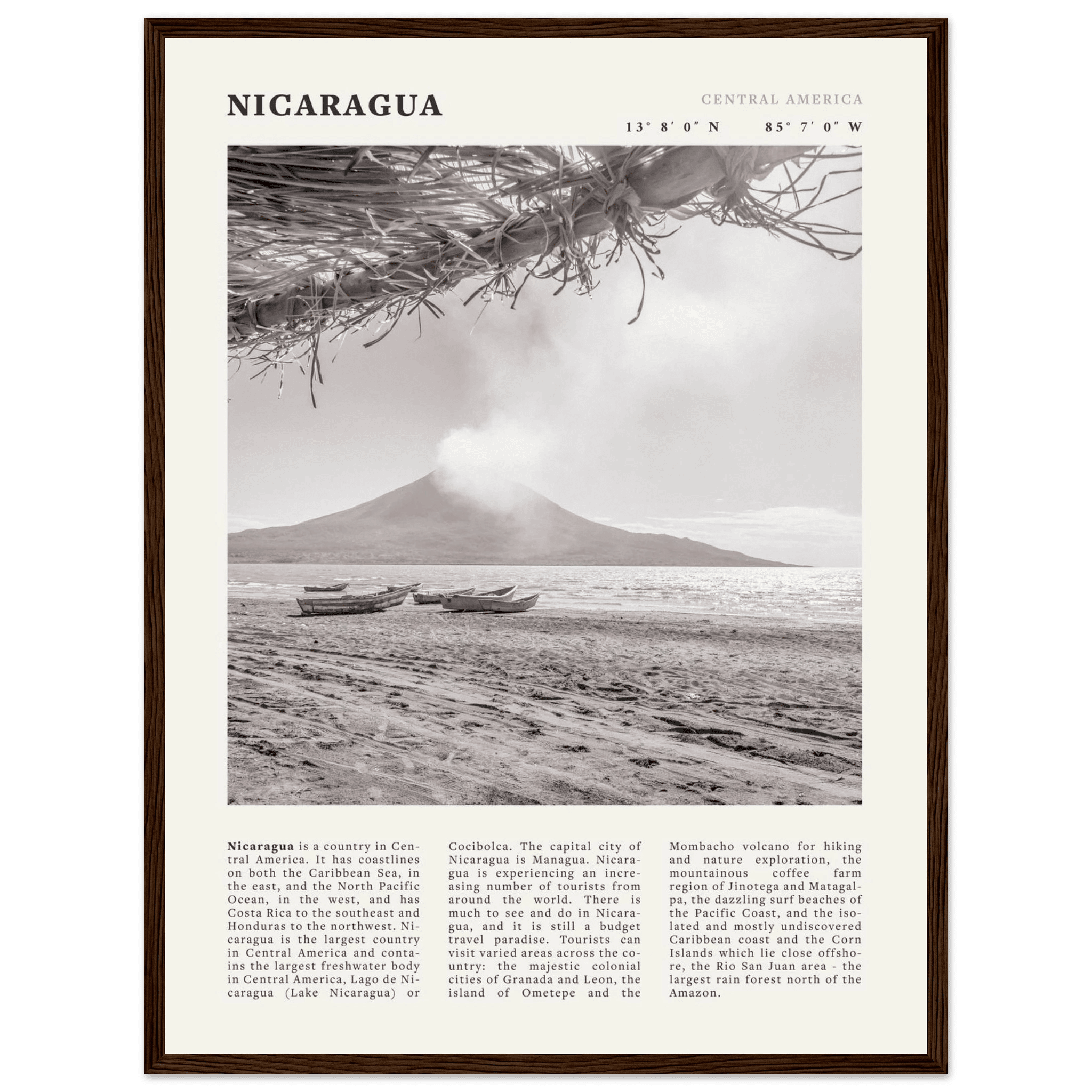 Nicaragua Poster | Black & White Volcano Wall Art | Central America Travel Print - Evergreen Posters