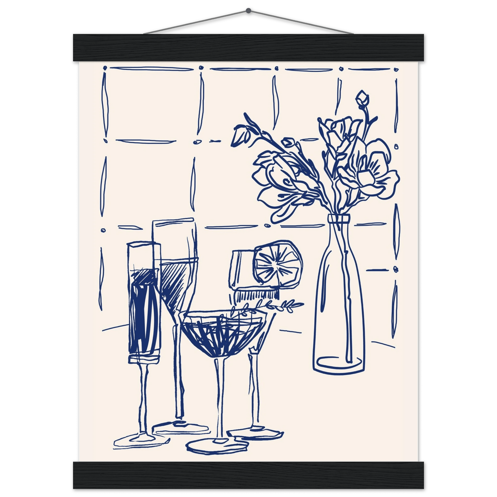 Cocktails & Flowers Print | Navy Blue Line Art Drinks Wall Art | Kitchen Bar Poster - Evergreen Posters