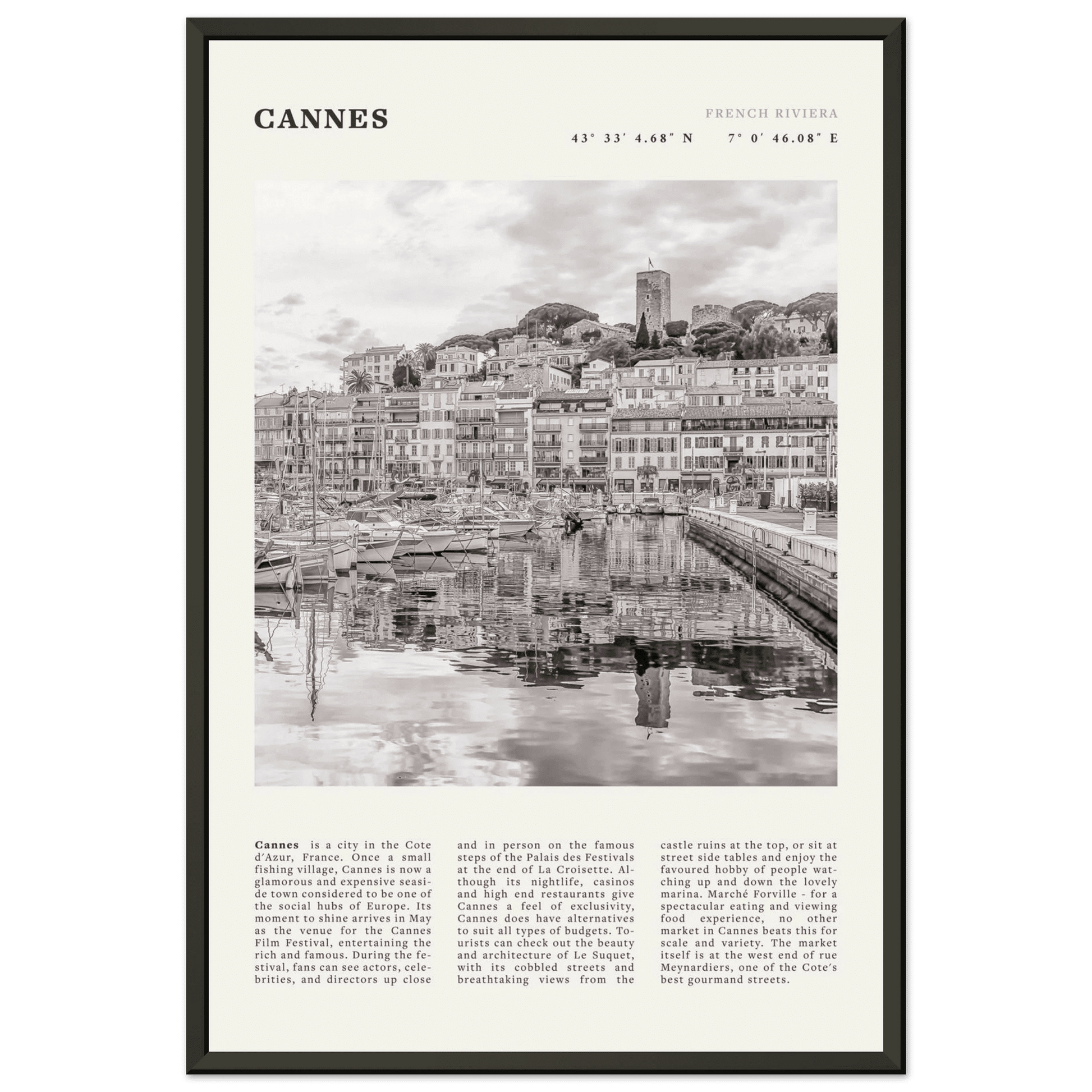 Cannes Poster | Black & White French Riviera Wall Art | France Travel Print - Evergreen Posters