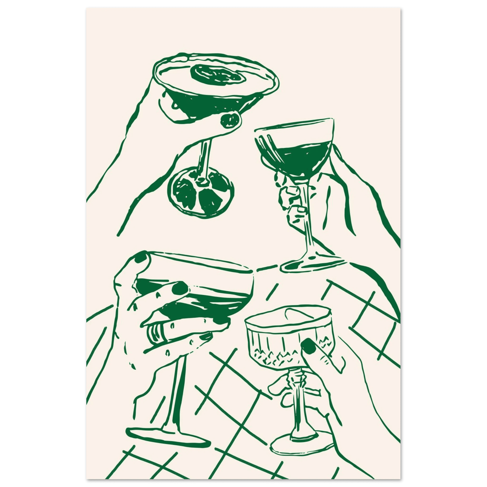 Cheers Print | Forest Green Cocktail Glasses Wall Art | Kitchen Bar Poster - Evergreen Posters