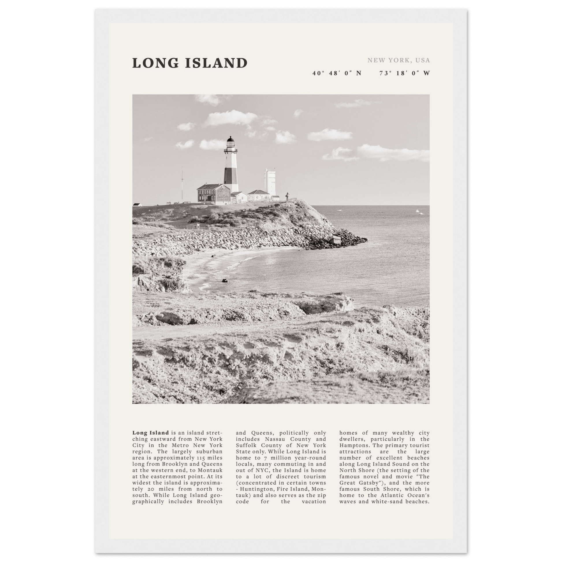 Long Island Poster | Black & White Montauk Lighthouse Wall Art | New York Print - Evergreen Posters