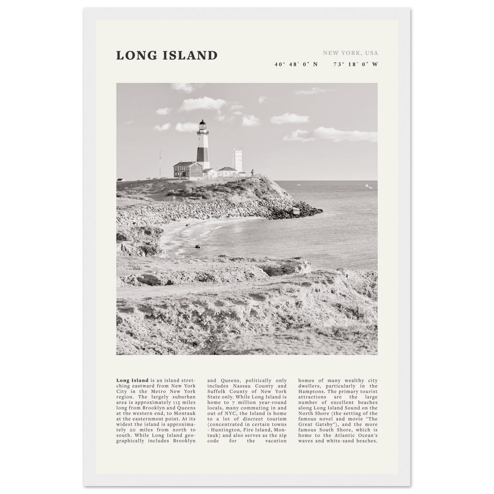 Long Island Poster | Black & White Montauk Lighthouse Wall Art | New York Print - Evergreen Posters