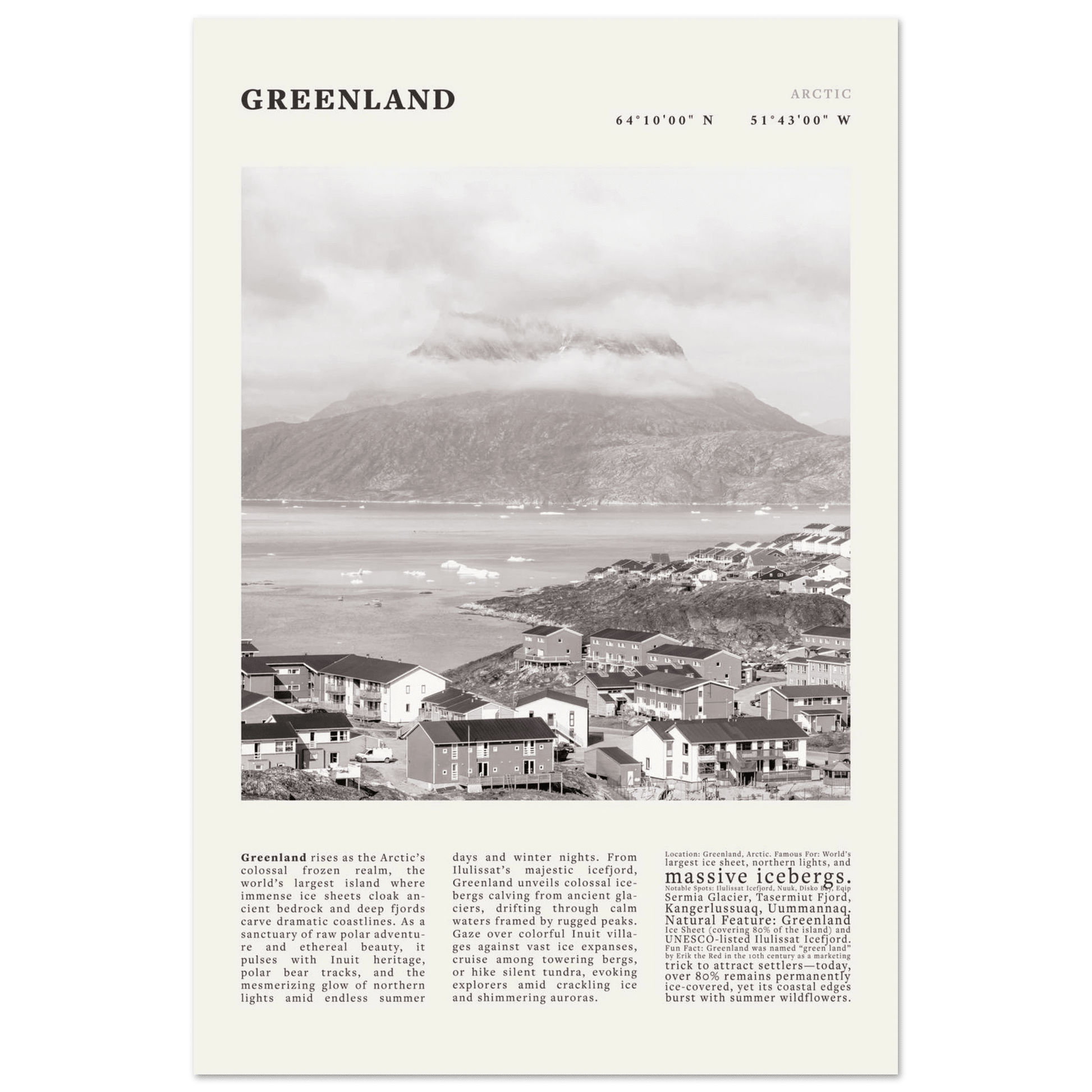 Greenland Poster Black and White – Vintage Arctic Fjord Landscape Print (Digital & Printed Options) - Evergreen Posters