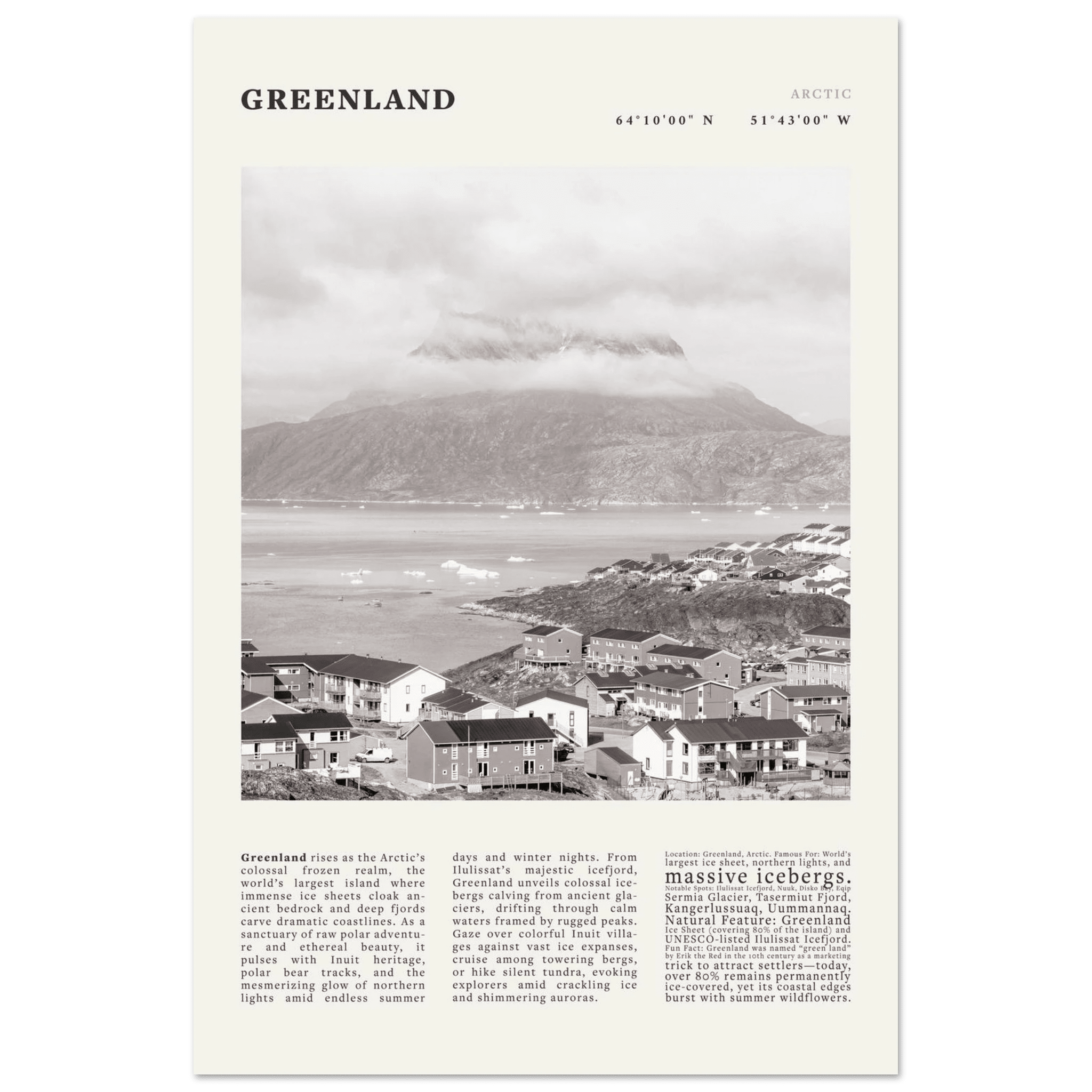 Greenland Poster Black and White – Vintage Arctic Fjord Landscape Print (Digital & Printed Options) - Evergreen Posters