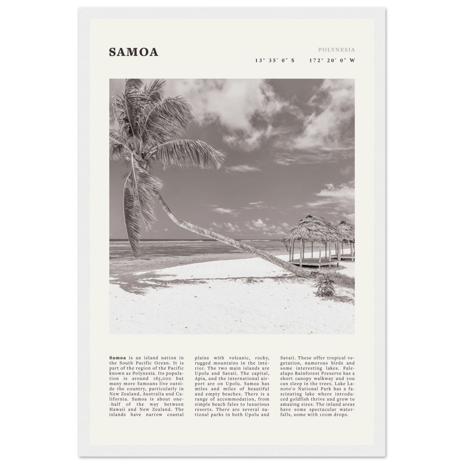 Samoa Poster | Black & White South Pacific Beach Wall Art | Polynesia Travel Print - Evergreen Posters