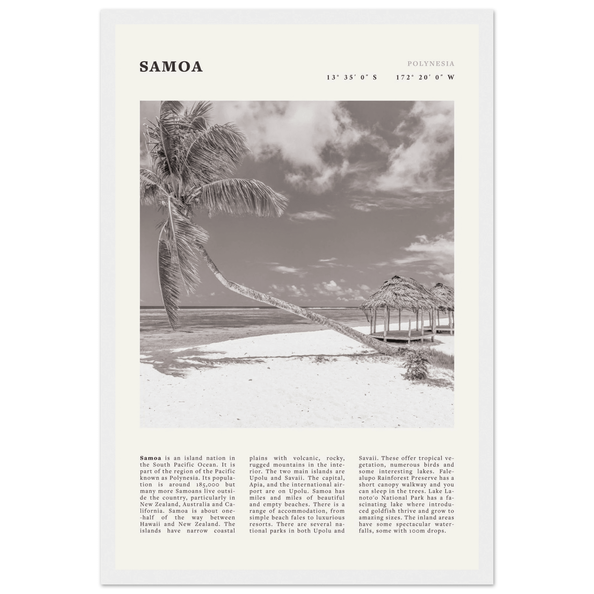 Samoa Poster | Black & White South Pacific Beach Wall Art | Polynesia Travel Print - Evergreen Posters